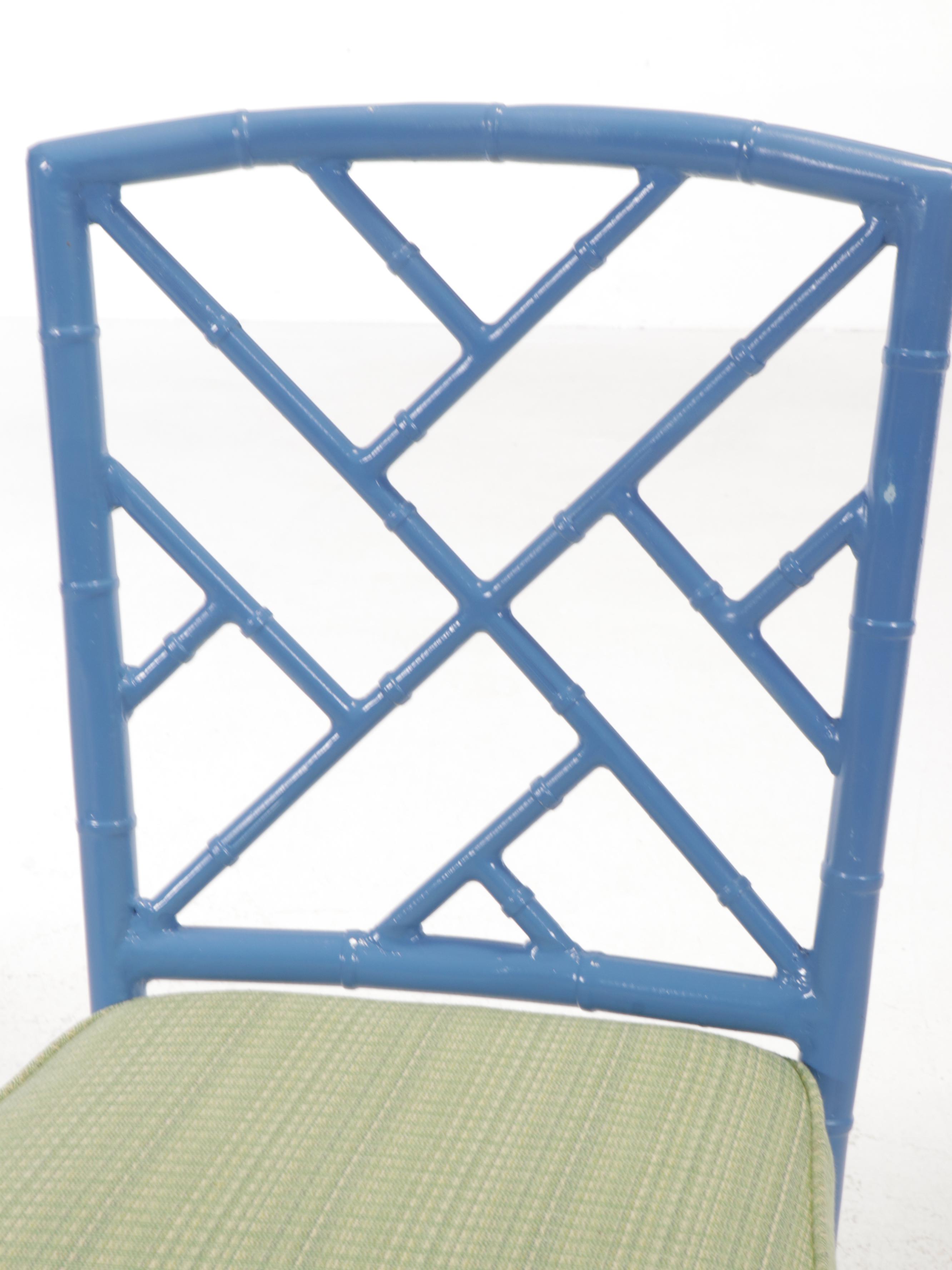 Four Blue-Painted Metal Cockpen Patio Dining Chairs