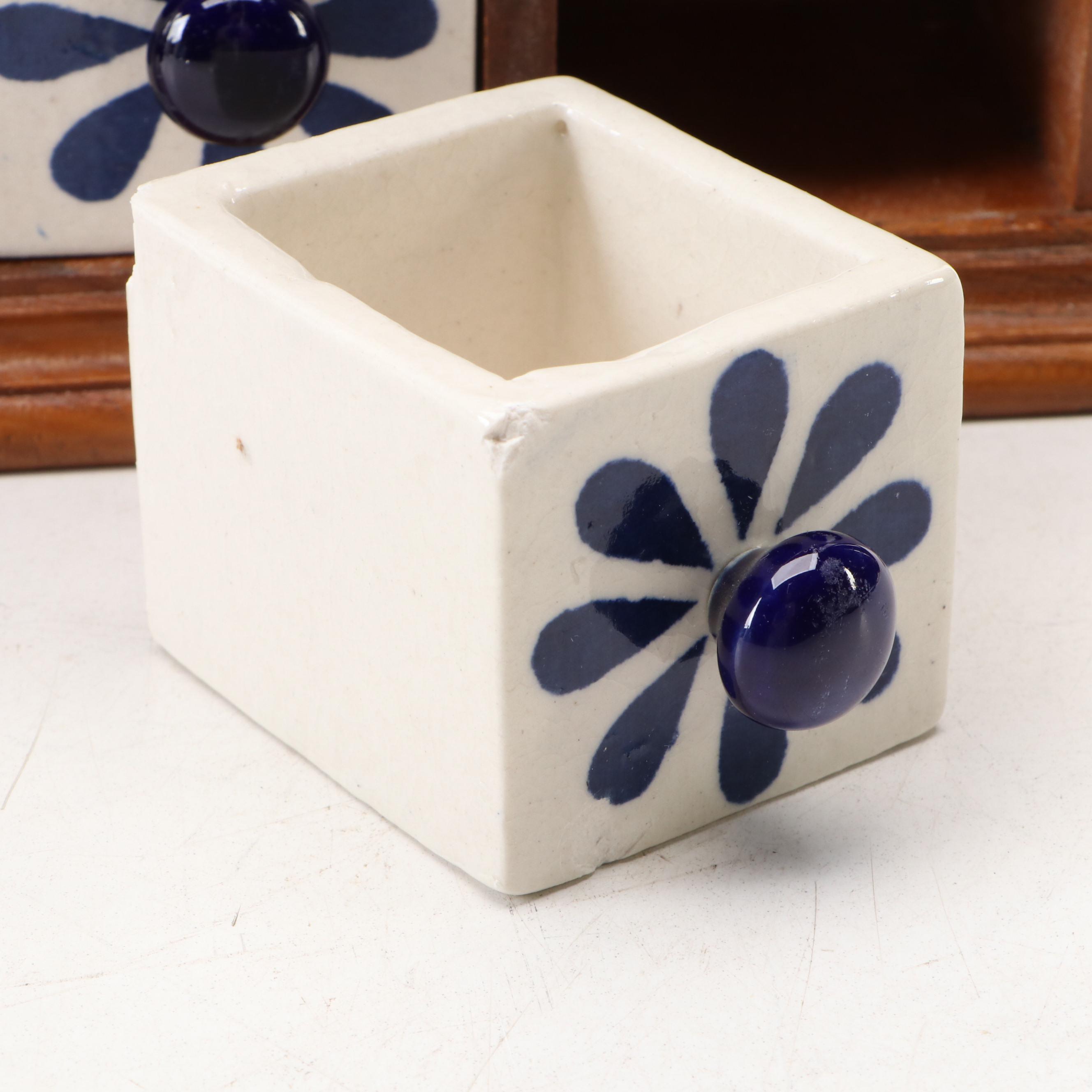 Blue and White Ceramic Drawer Apothecary Cabinet