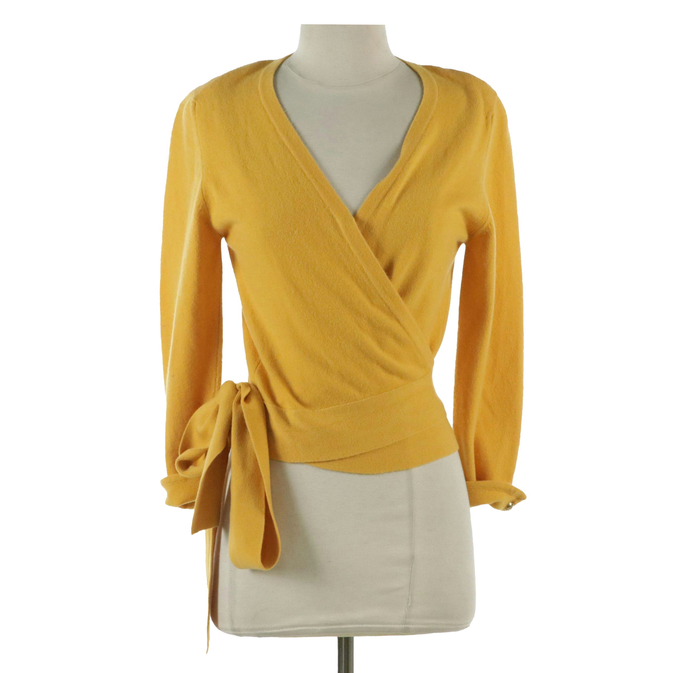 Chanel Vintage Sunflower Yellow Cashmere Cropped Wrap Sweater