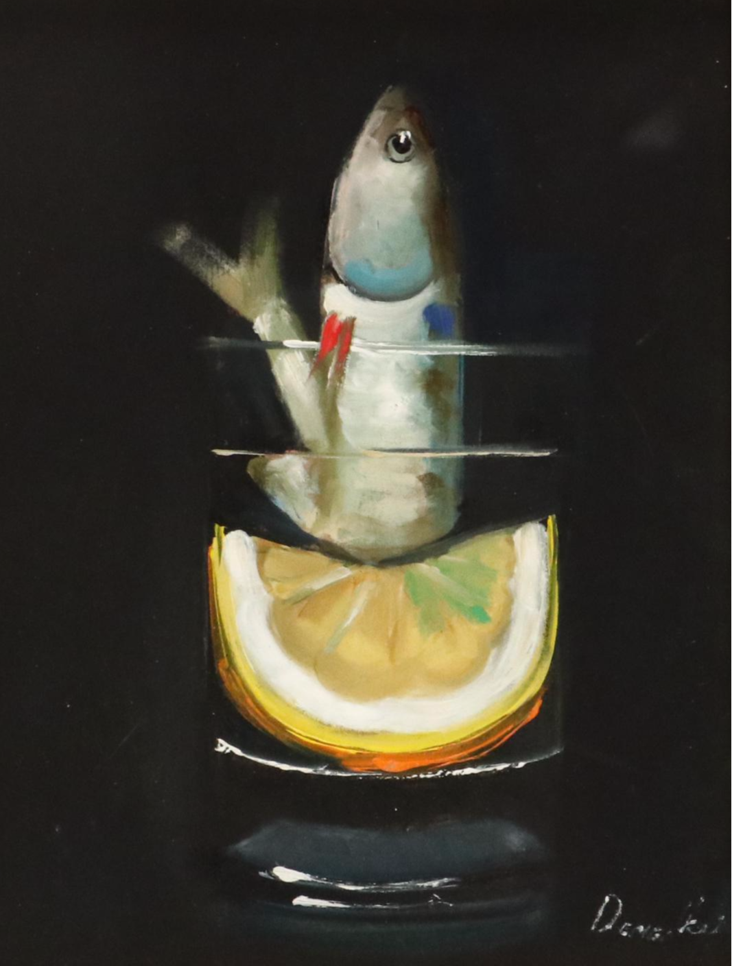 Natalia Demenko Still Life Oil Painting of Sardine in Glass, 21st Century