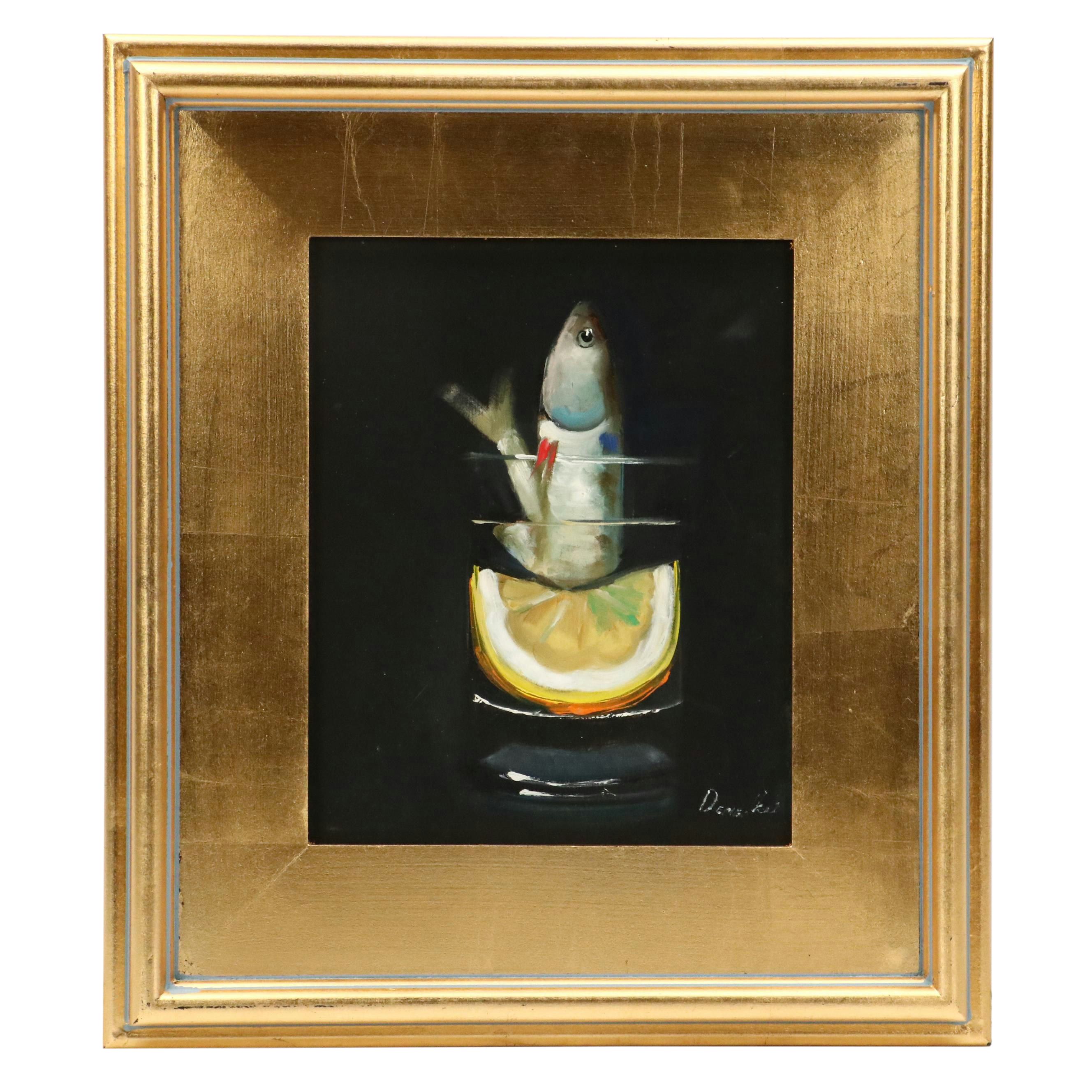 Natalia Demenko Still Life Oil Painting of Sardine in Glass, 21st Century