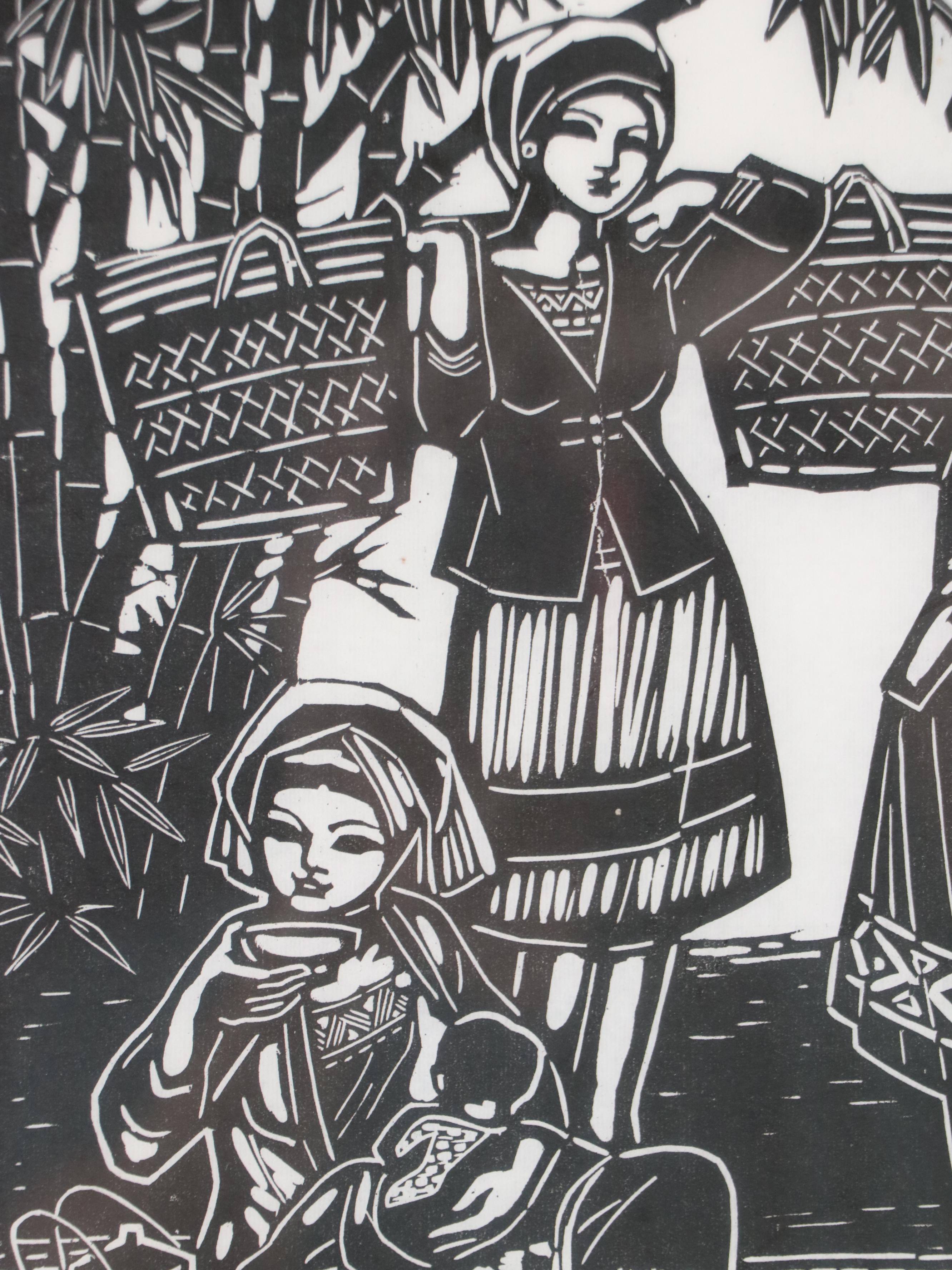 Woodcut of Figures in Market Scene, Late 20th Century