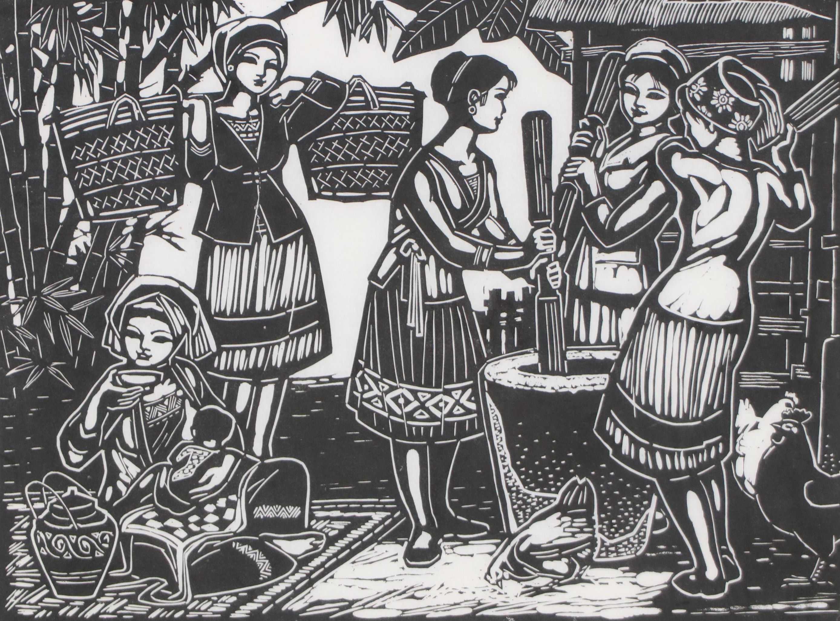 Woodcut of Figures in Market Scene, Late 20th Century