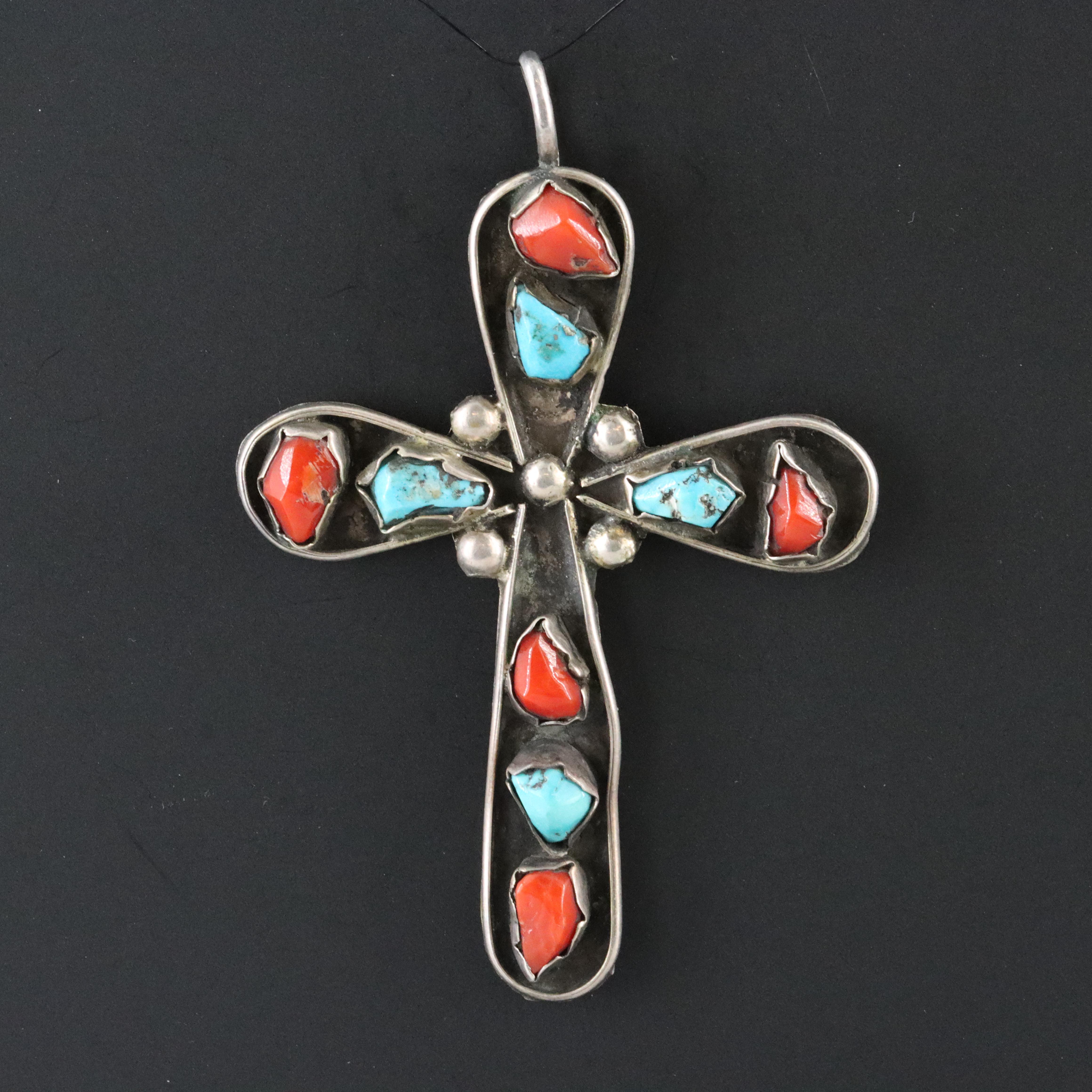 Western 950 Silver Turquoise and Coral Cross Pendant