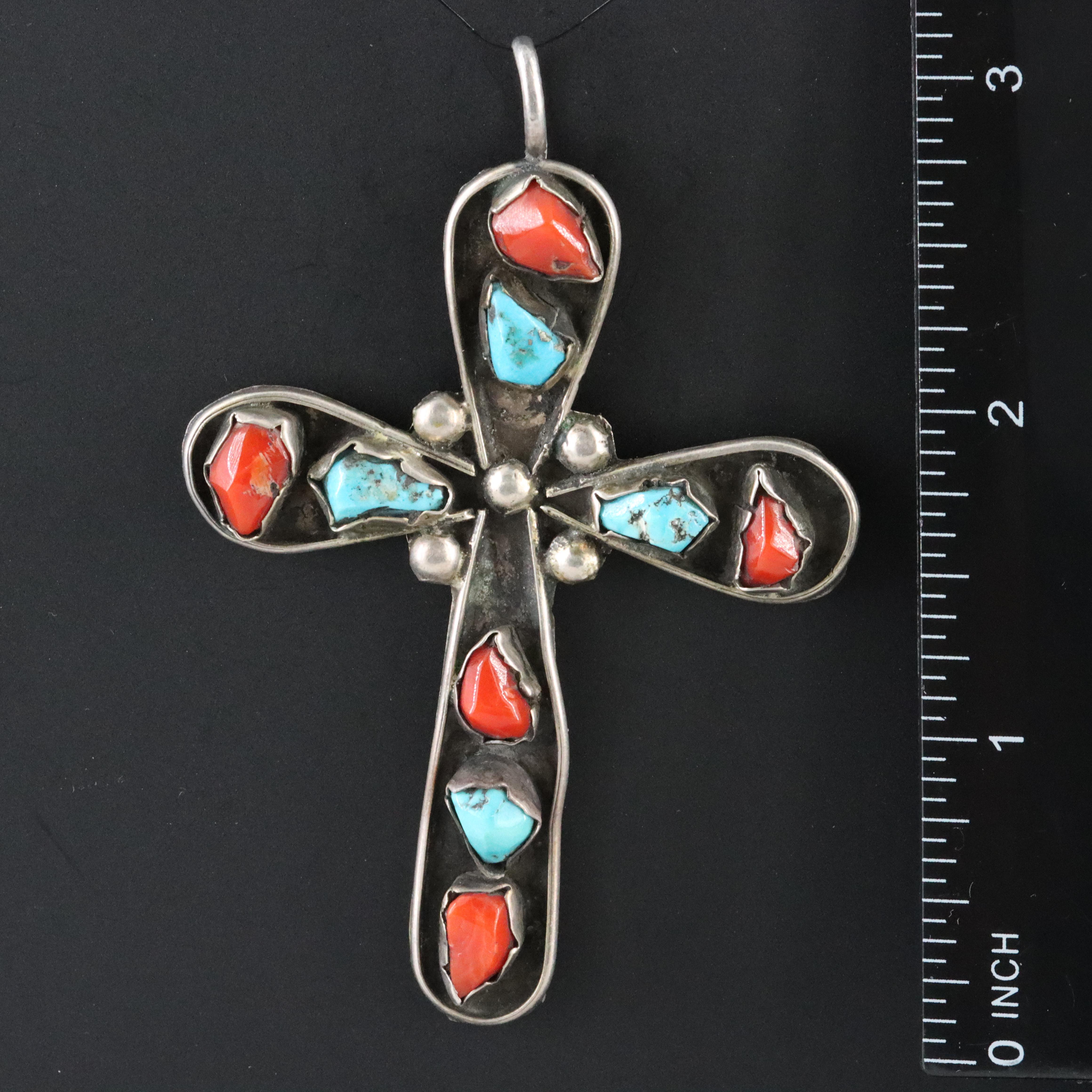 Western 950 Silver Turquoise and Coral Cross Pendant