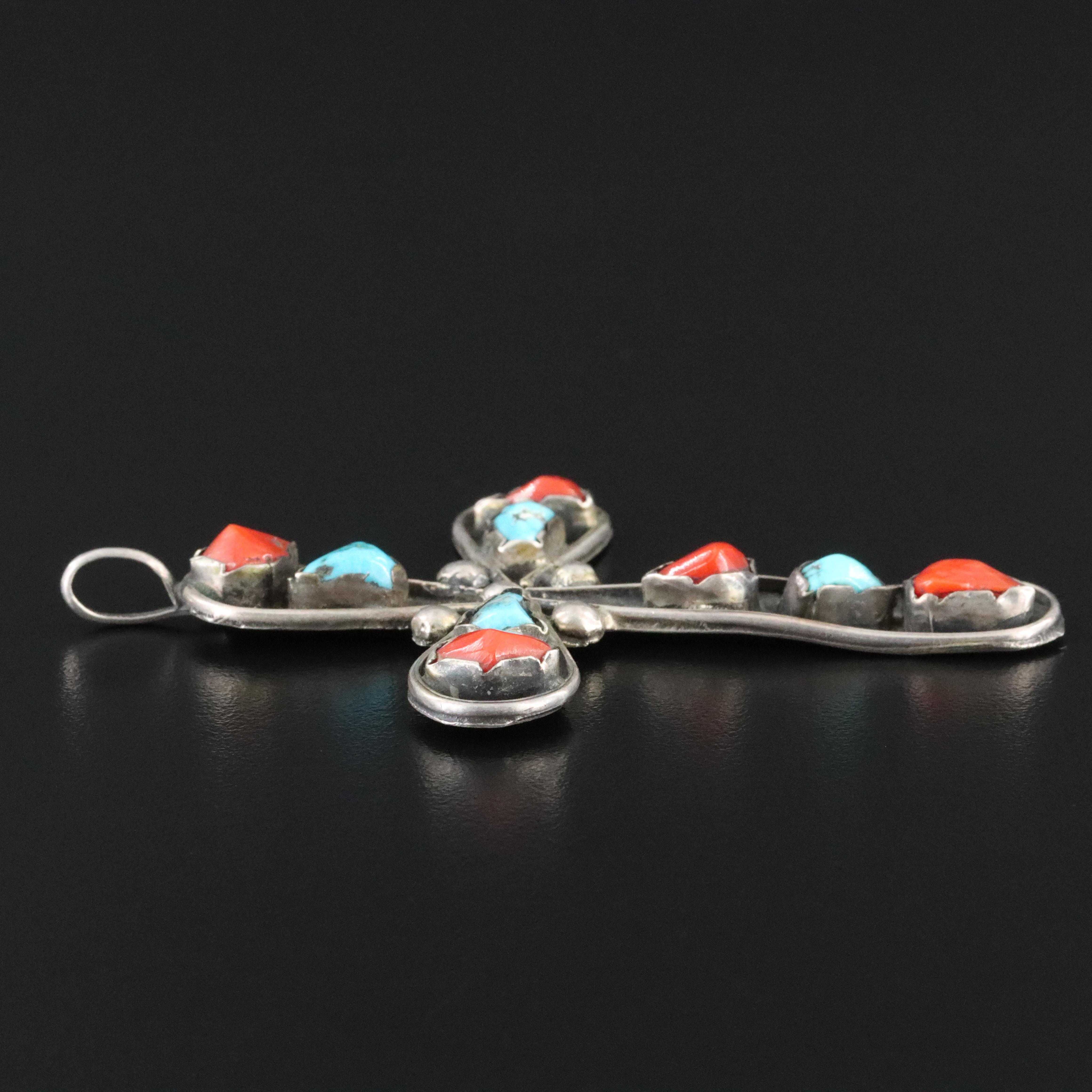 Western 950 Silver Turquoise and Coral Cross Pendant