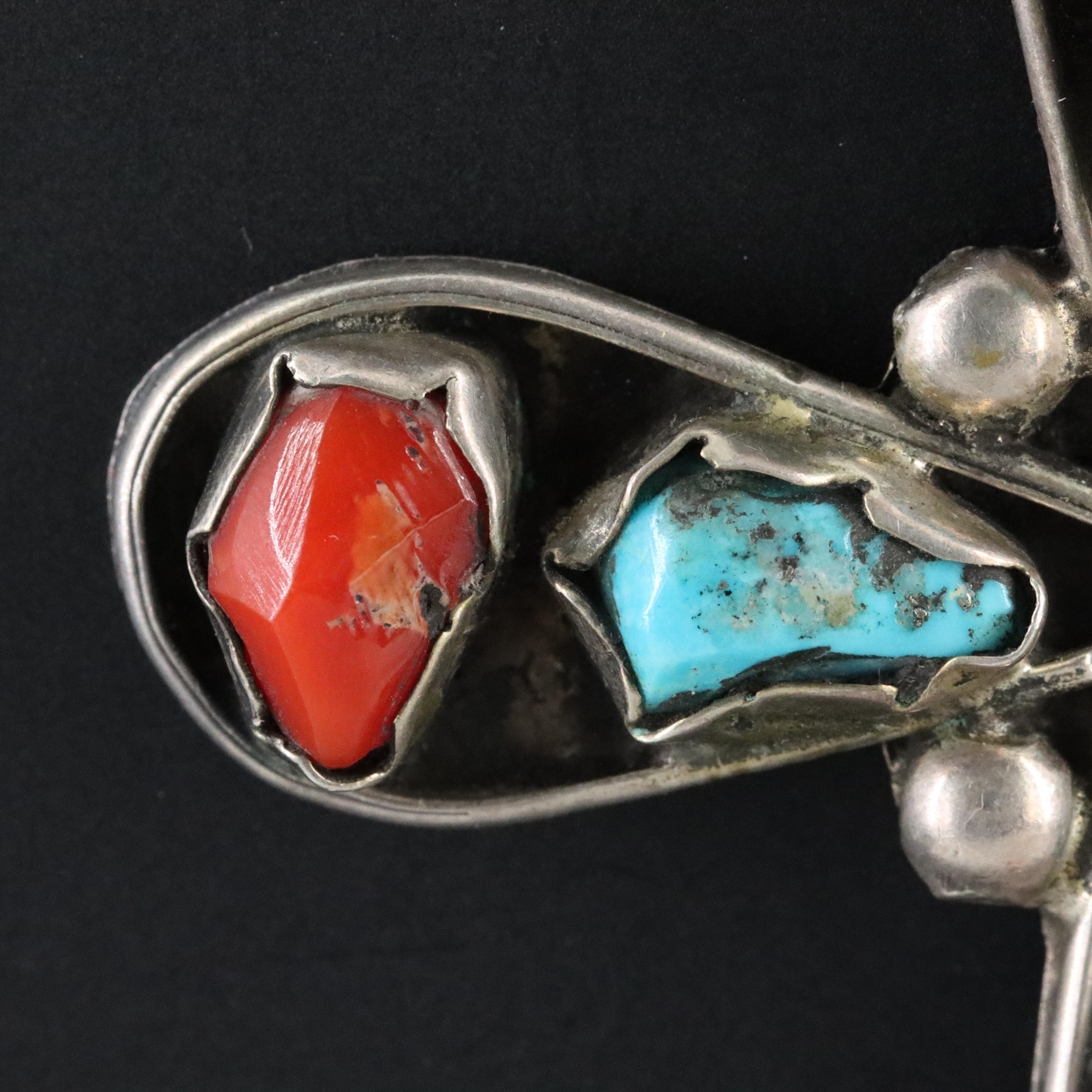 Western 950 Silver Turquoise and Coral Cross Pendant