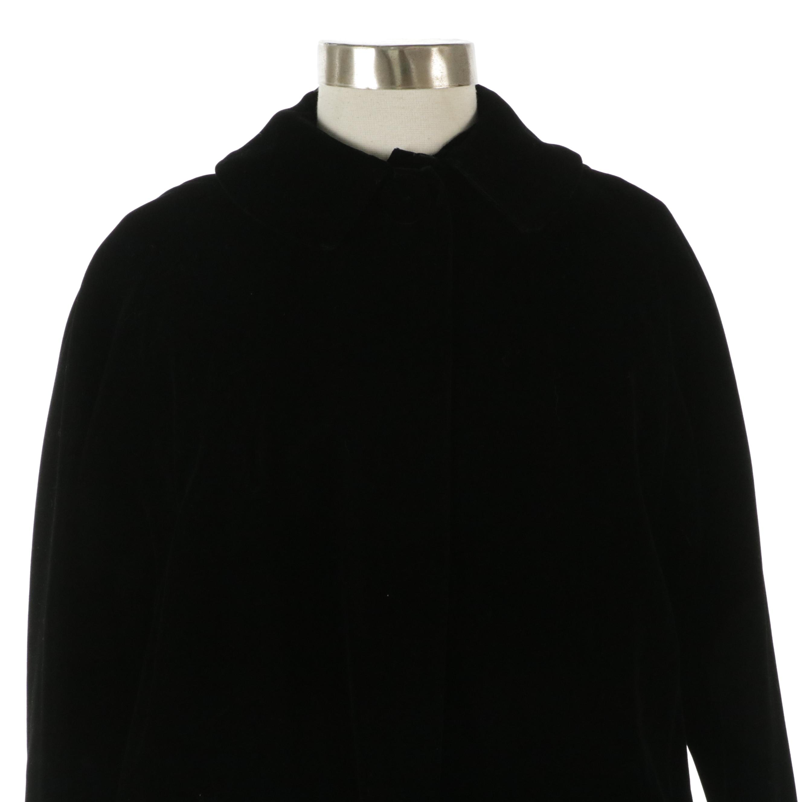 Black Velveteen Evening Coat with Faux Fur Lining, Mid-20th Century