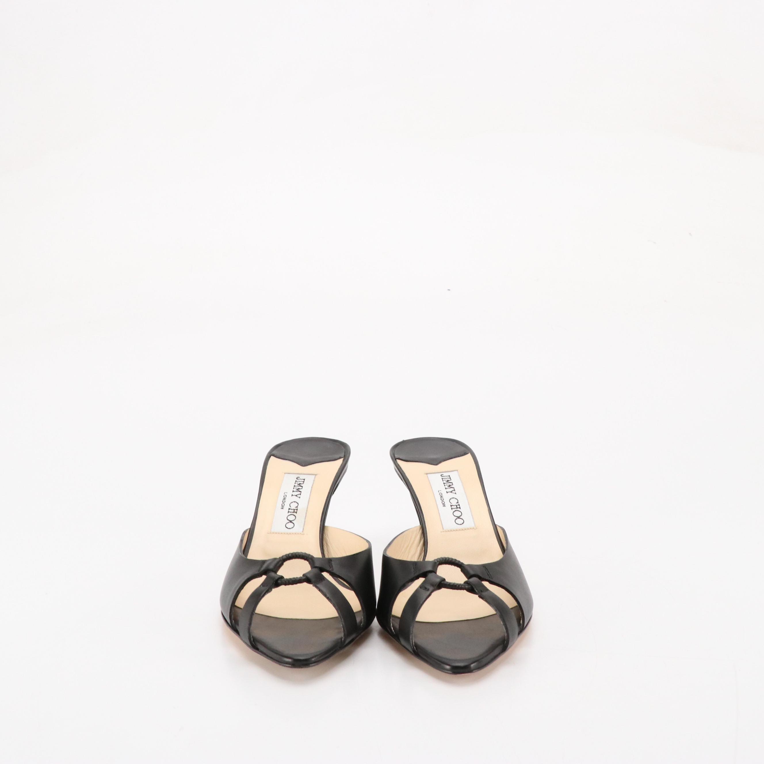 Jimmy Choo Pointed-Toe Low Heeled Sandals in Black Leather, With Box