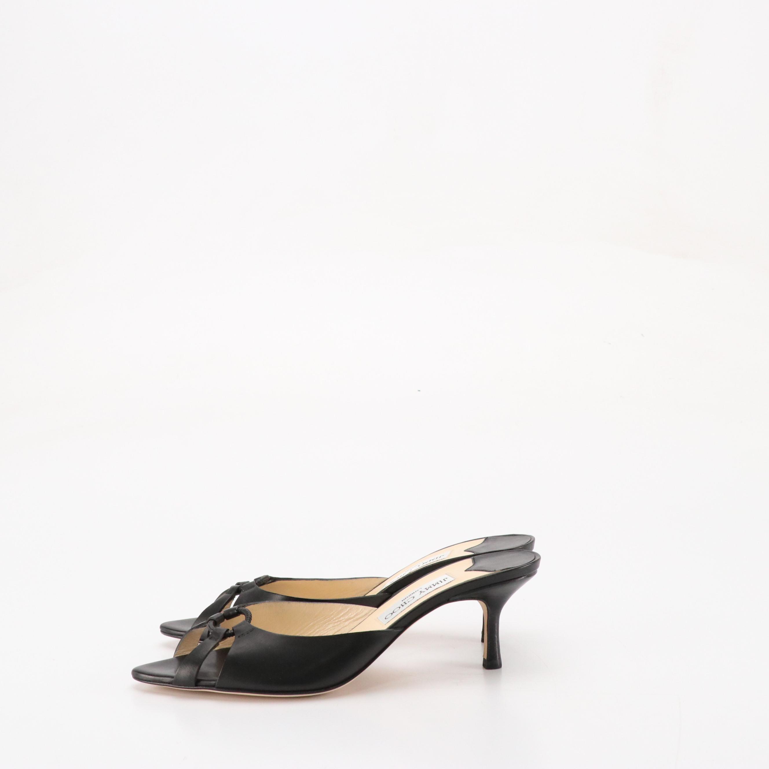 Jimmy Choo Pointed-Toe Low Heeled Sandals in Black Leather, With Box
