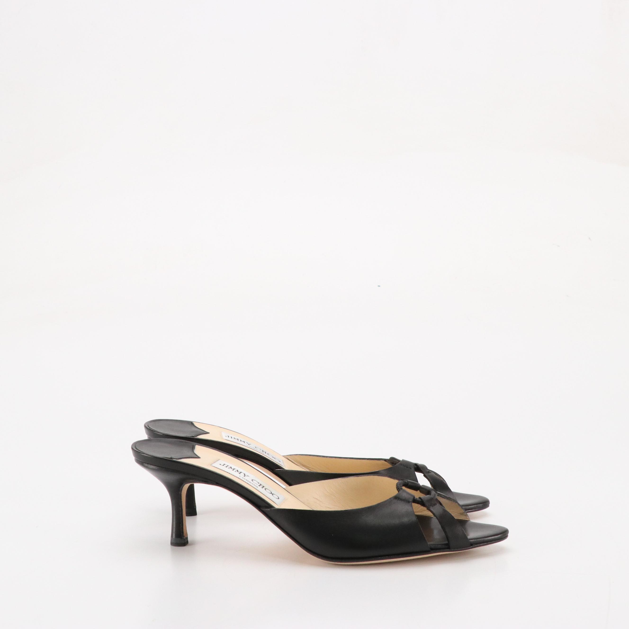 Jimmy Choo Pointed-Toe Low Heeled Sandals in Black Leather, With Box