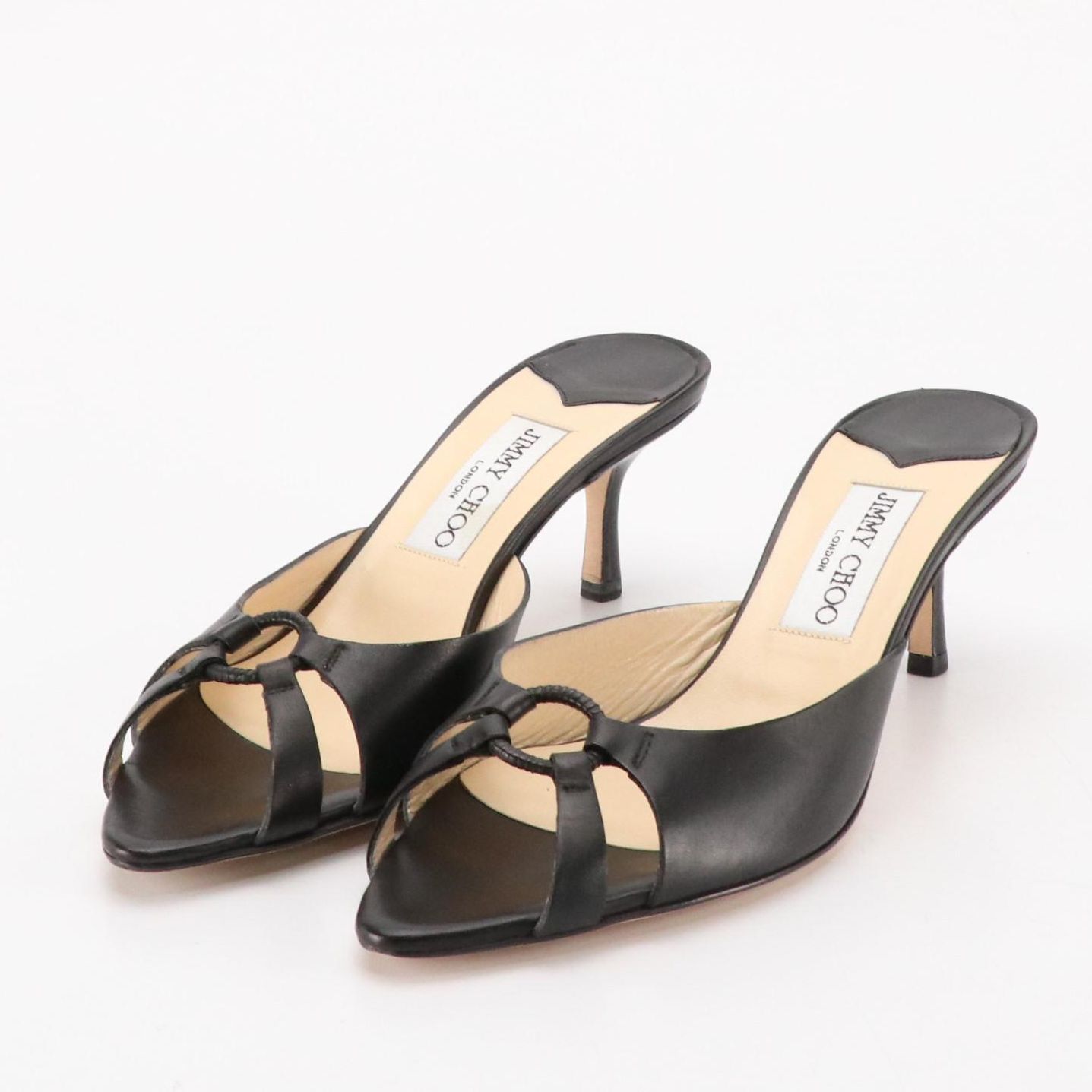 Jimmy Choo Pointed-Toe Low Heeled Sandals in Black Leather, With Box
