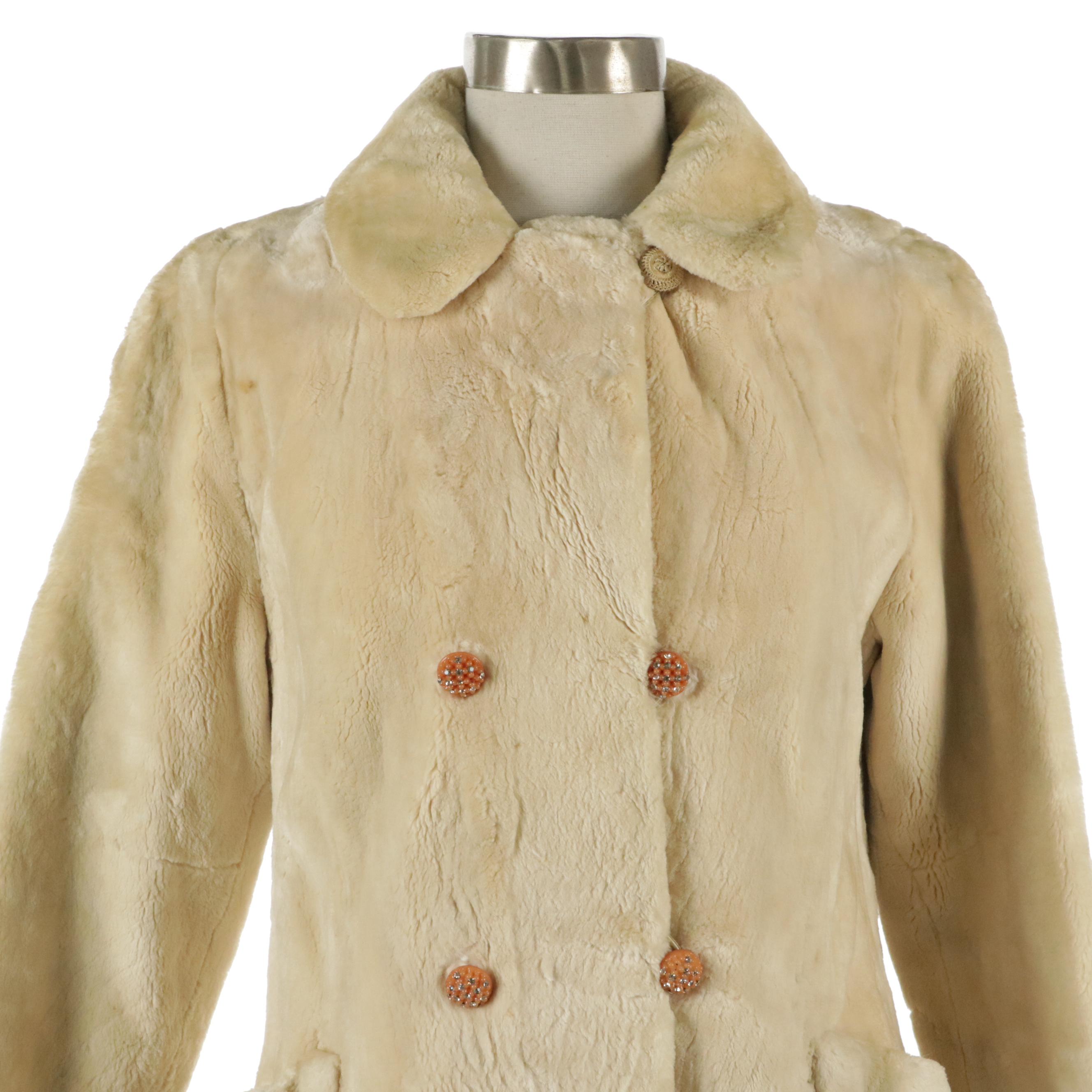 Sheared Shearling Fur Double-Breasted Coat with Rhinestone Berry Buttons