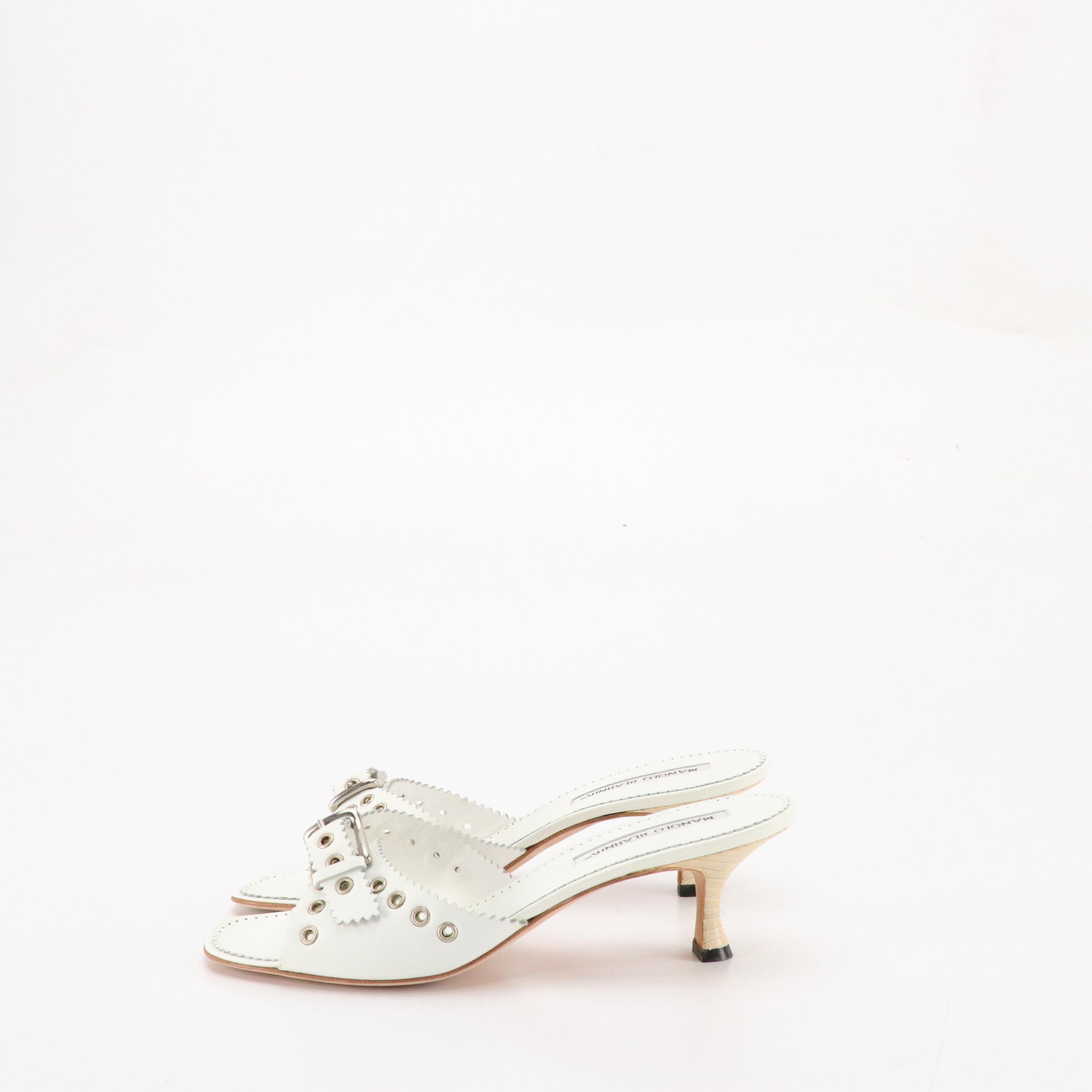 Manolo Blahnik White Buckled Grommet Leather Kitten Heels in Box