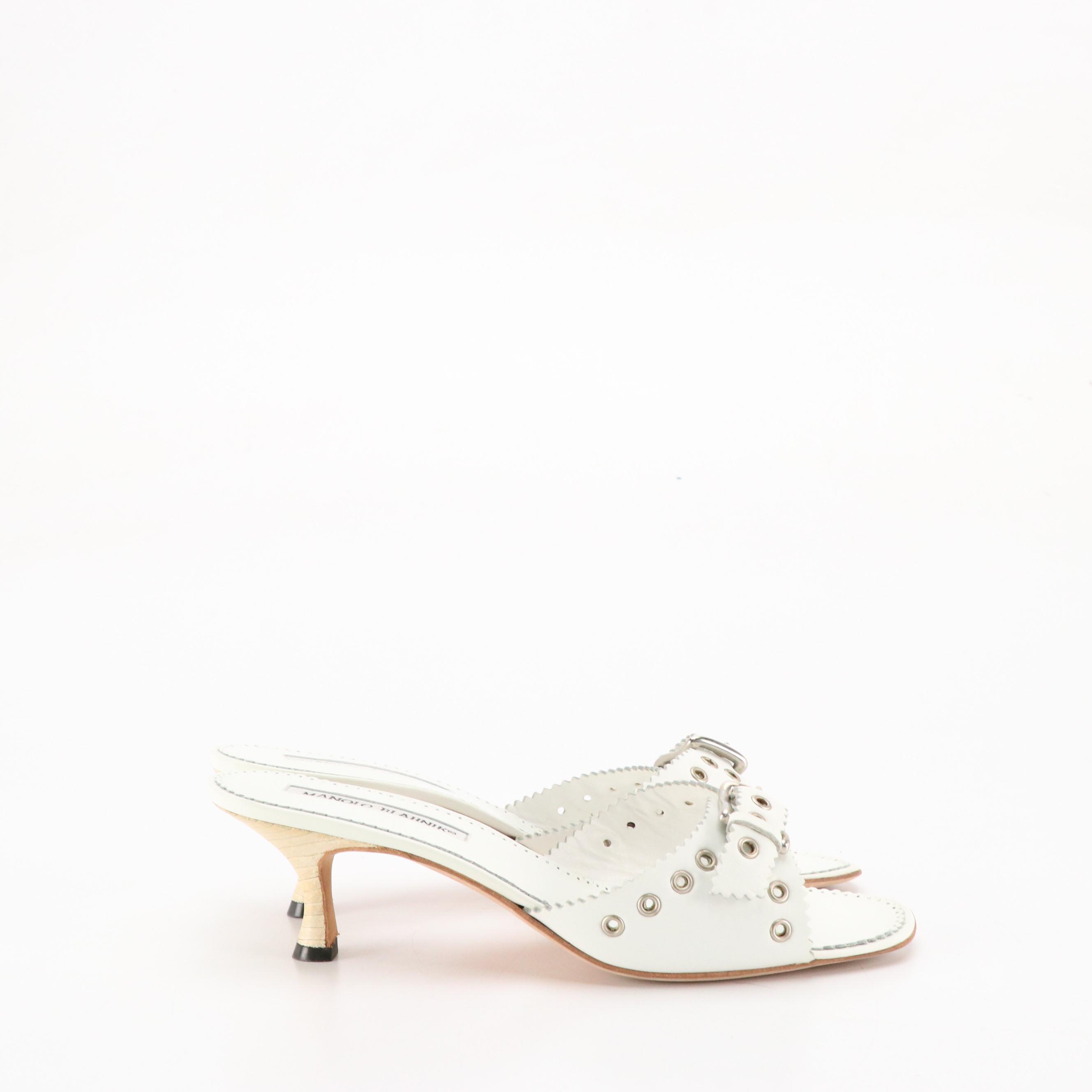 Manolo Blahnik White Buckled Grommet Leather Kitten Heels in Box
