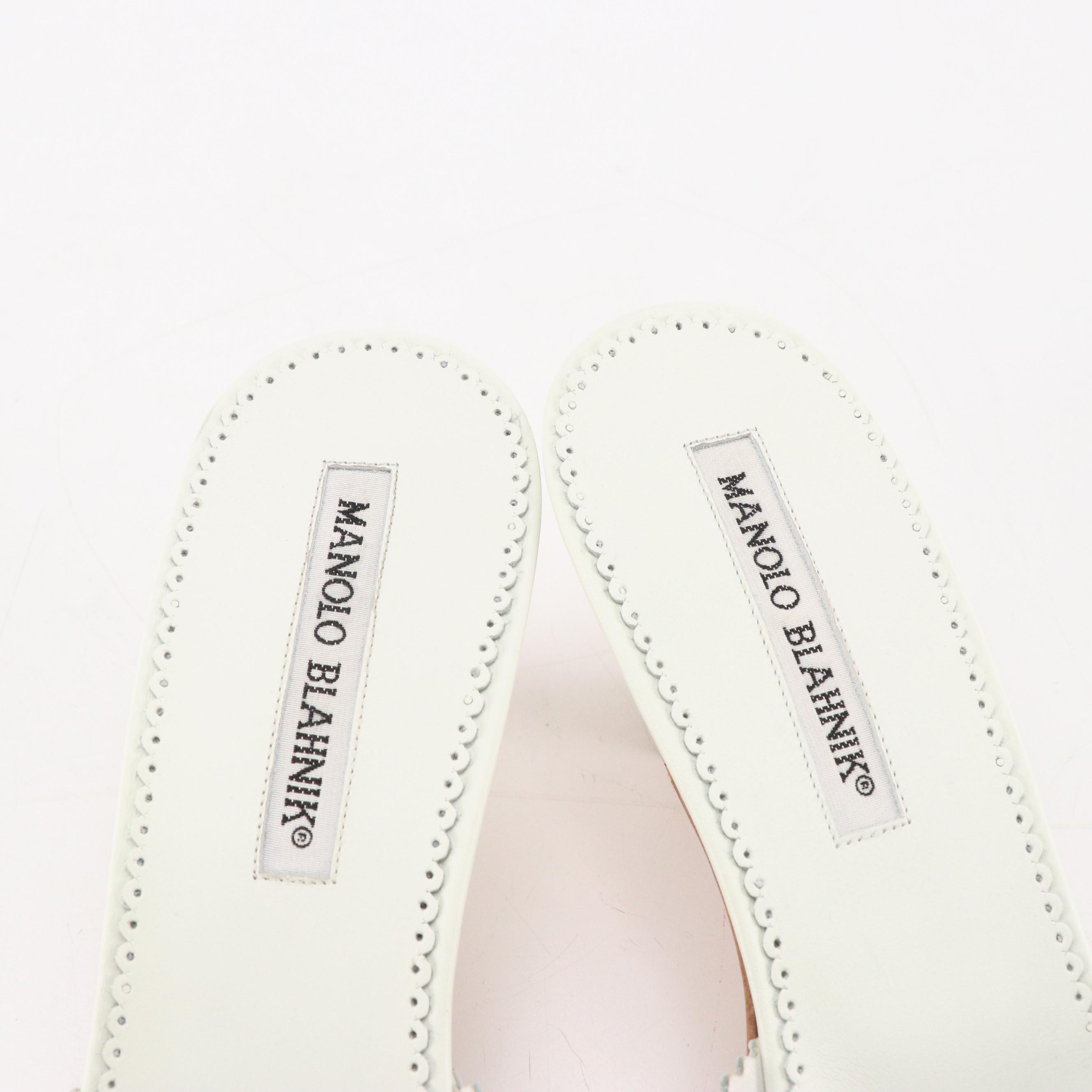 Manolo Blahnik White Buckled Grommet Leather Kitten Heels in Box