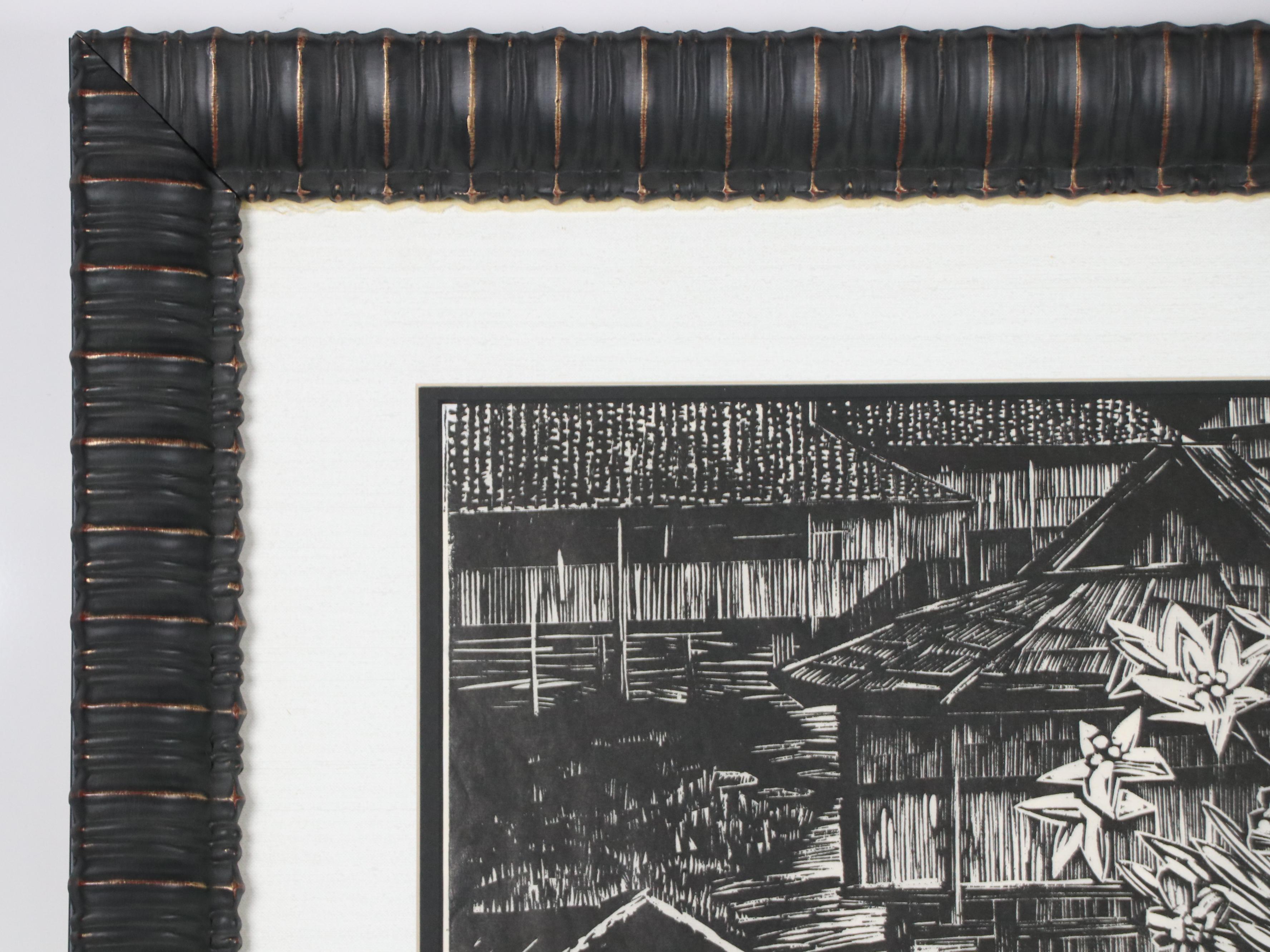 Southeast Asian Woodblock of Women in Ceremonial Dress, Late 20th Century