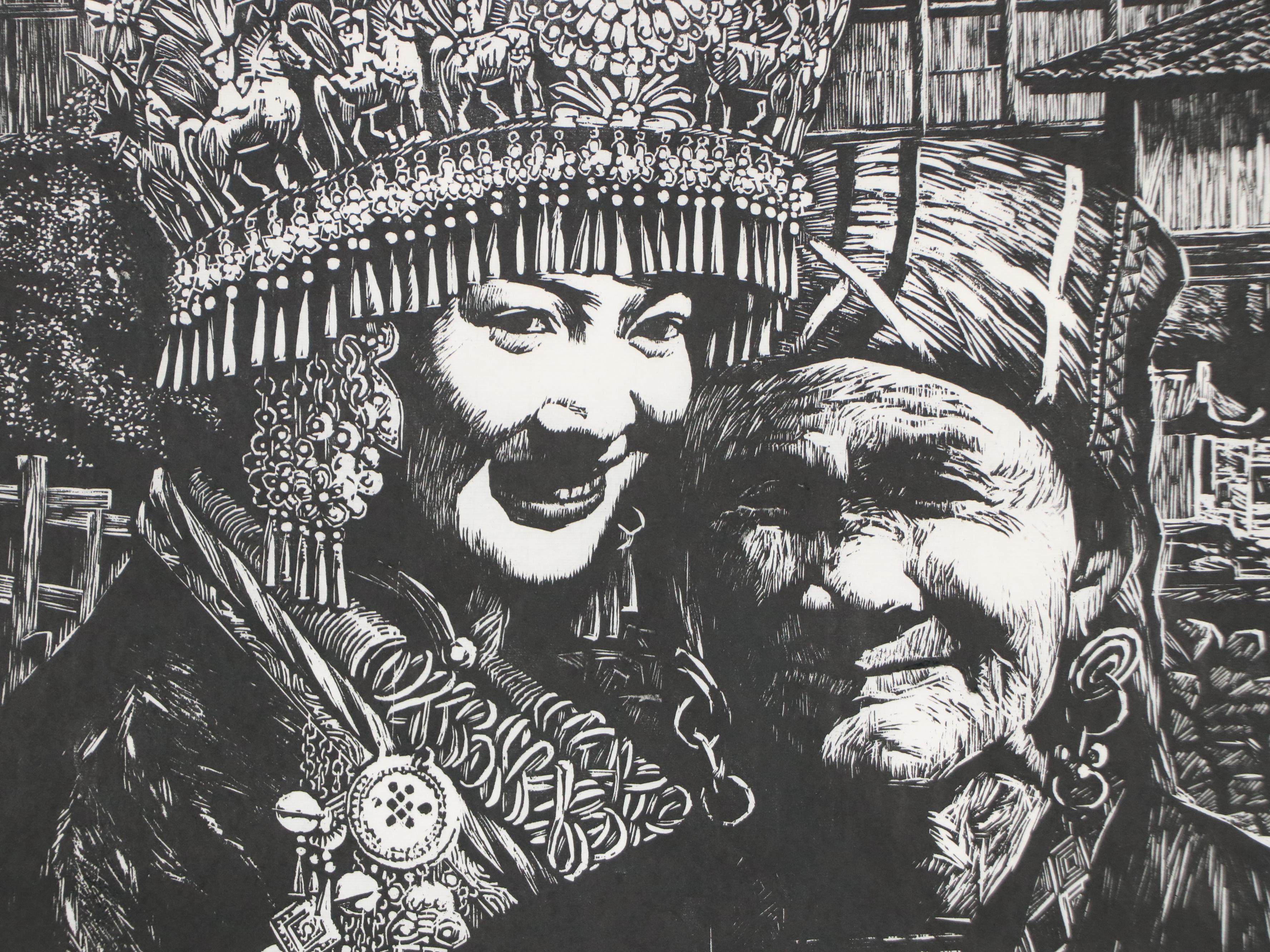 Southeast Asian Woodblock of Women in Ceremonial Dress, Late 20th Century