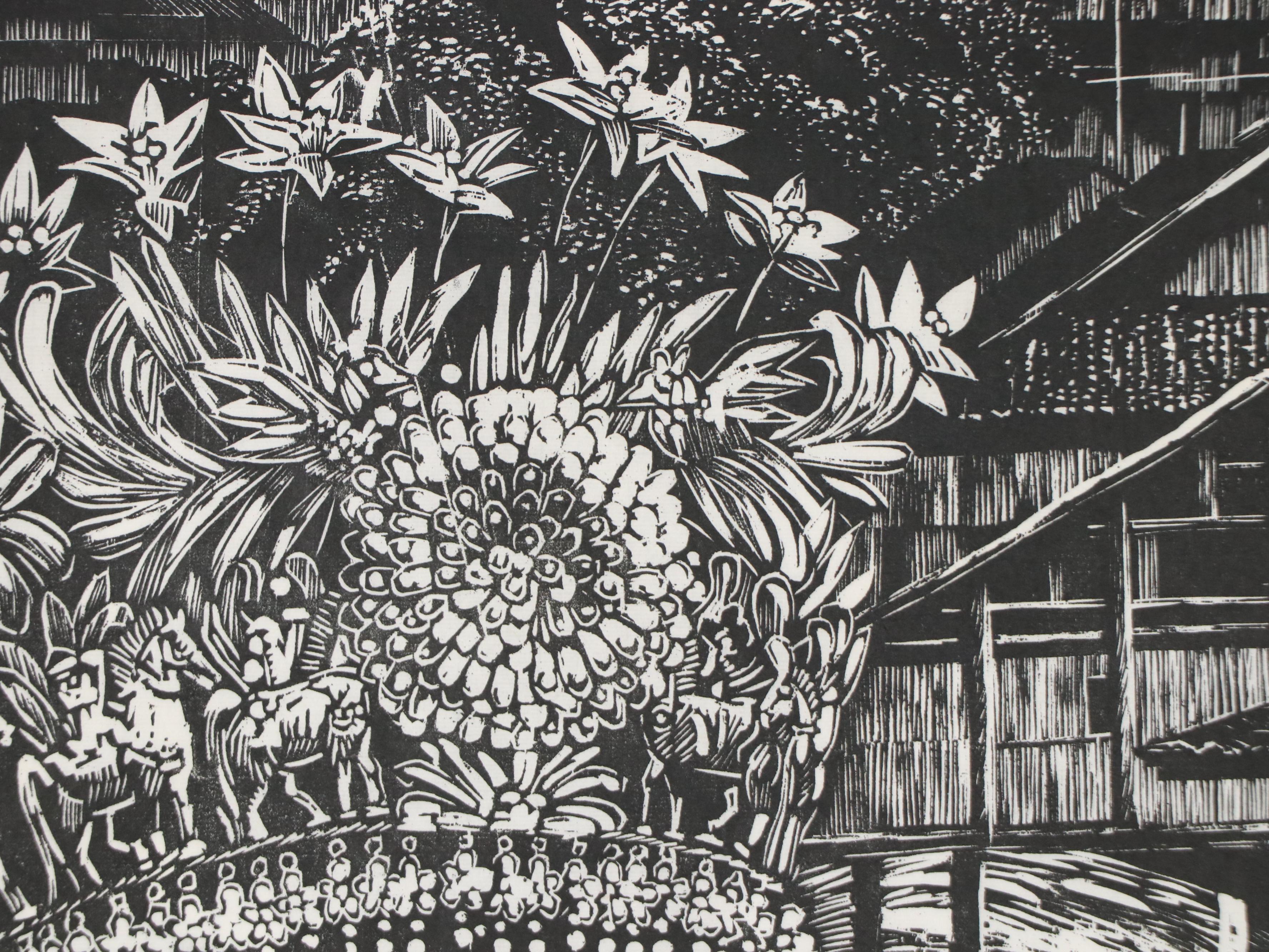 Southeast Asian Woodblock of Women in Ceremonial Dress, Late 20th Century