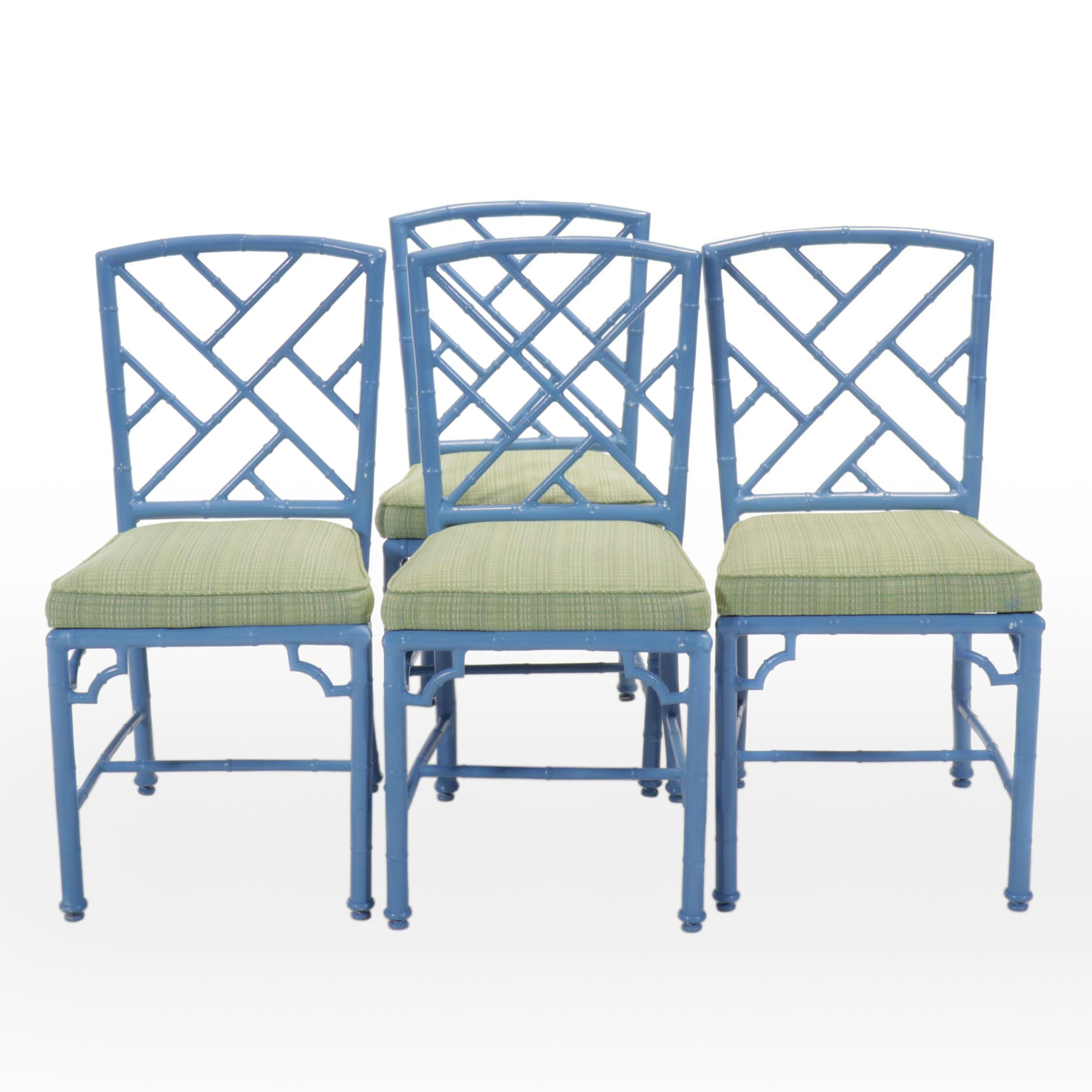 Four Blue-Painted Metal Cockpen Patio Dining Chairs