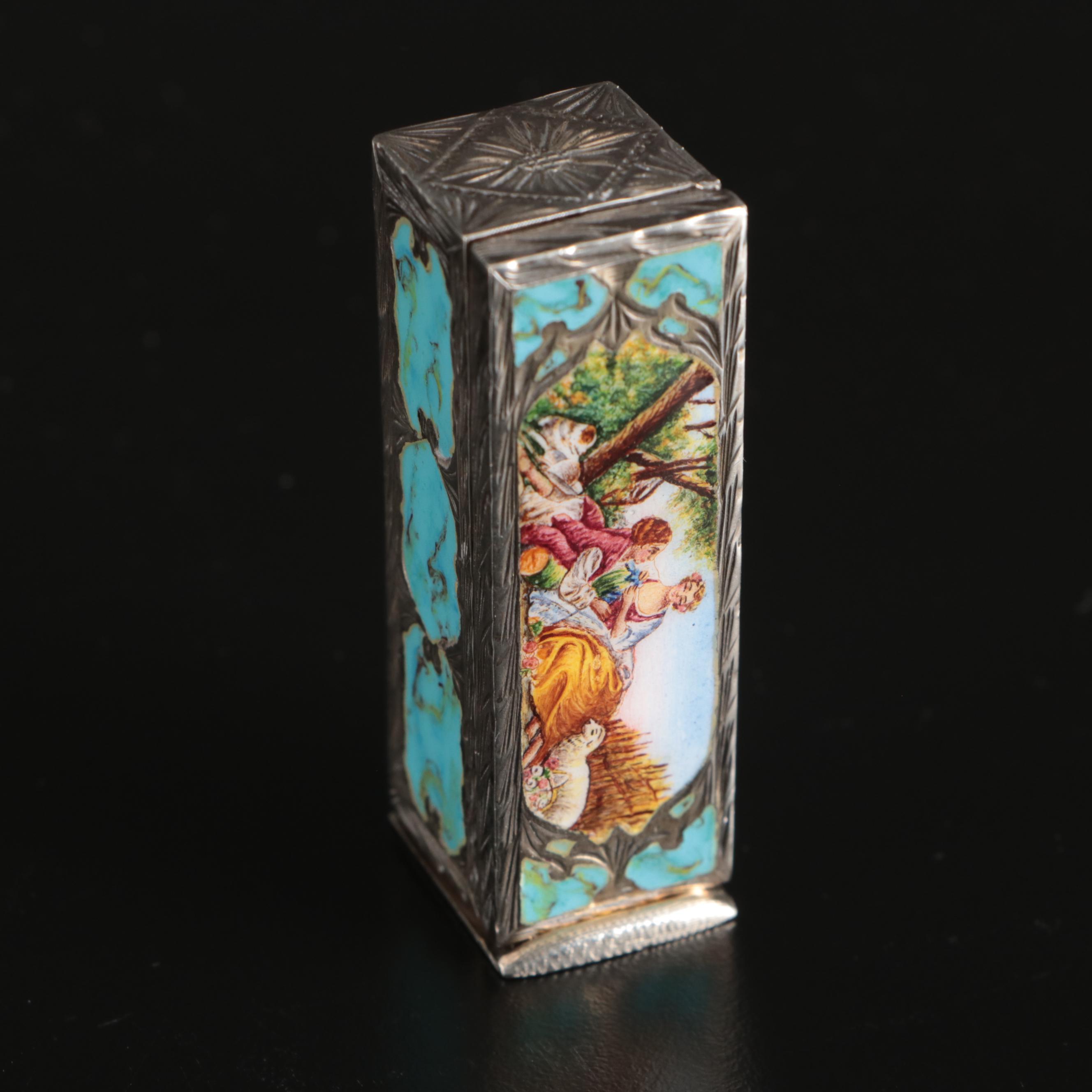Italian Pastoral Enamel and 800 Silver Lipstick Case with Mirror