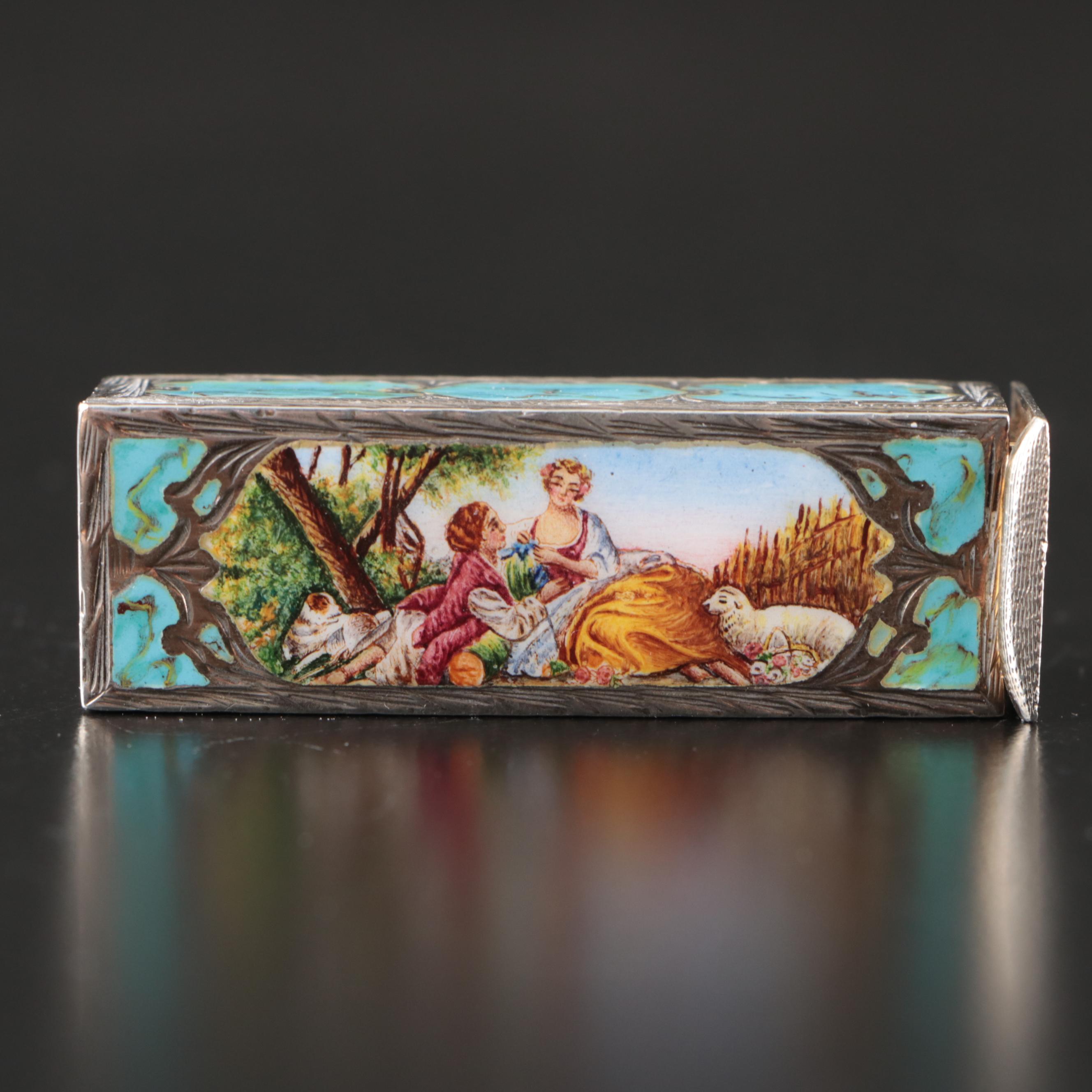 Italian Pastoral Enamel and 800 Silver Lipstick Case with Mirror