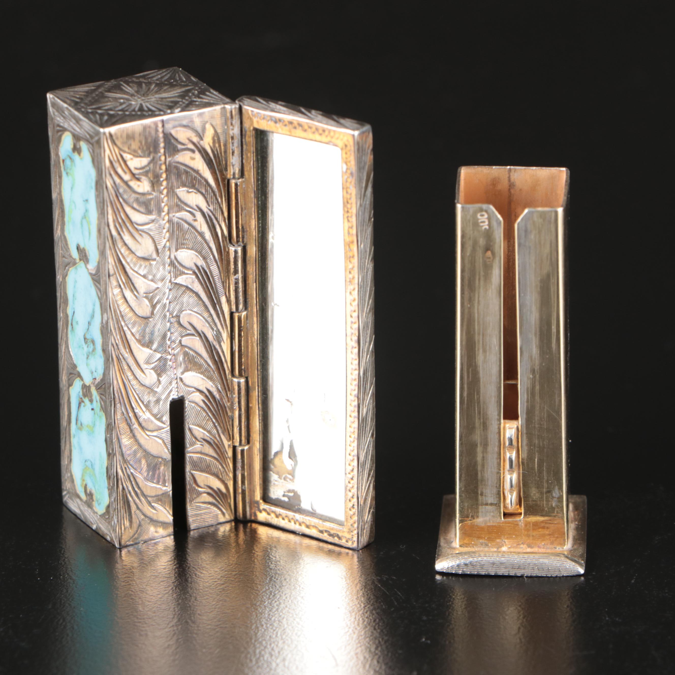 Italian Pastoral Enamel and 800 Silver Lipstick Case with Mirror