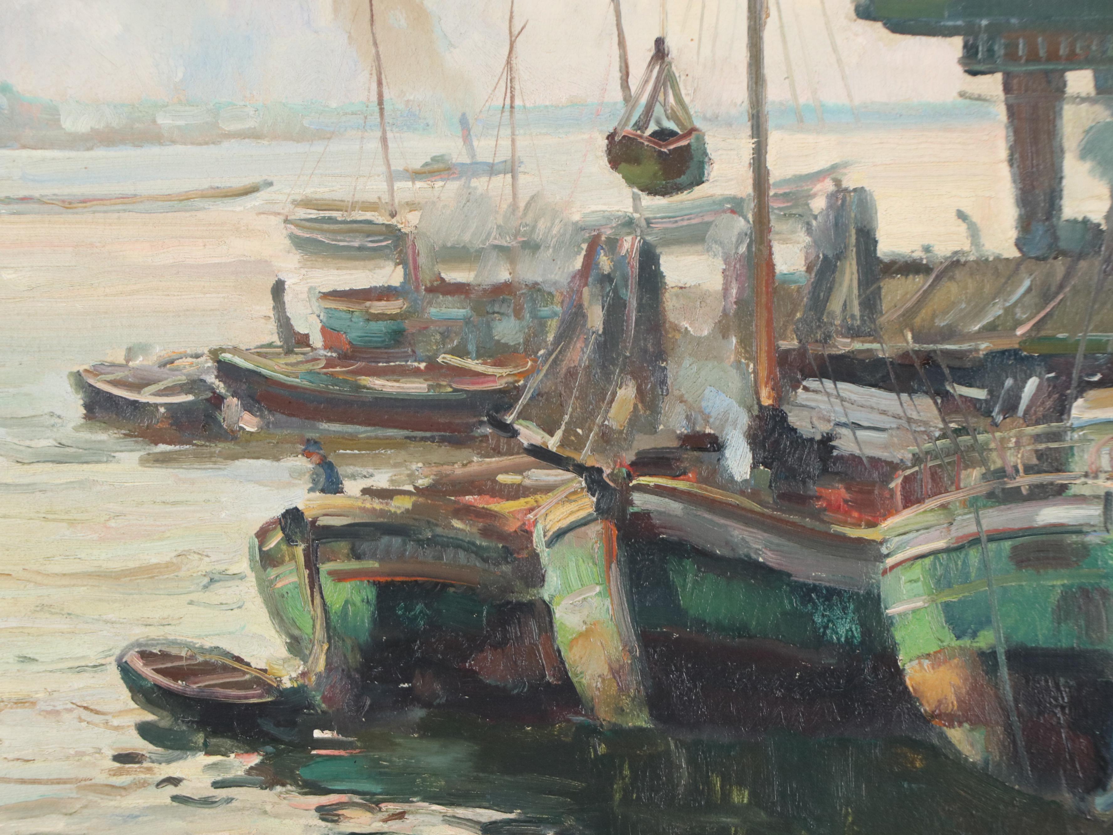 Louis Wohner Oil Painting of Harbor Scene, Early 20th Century