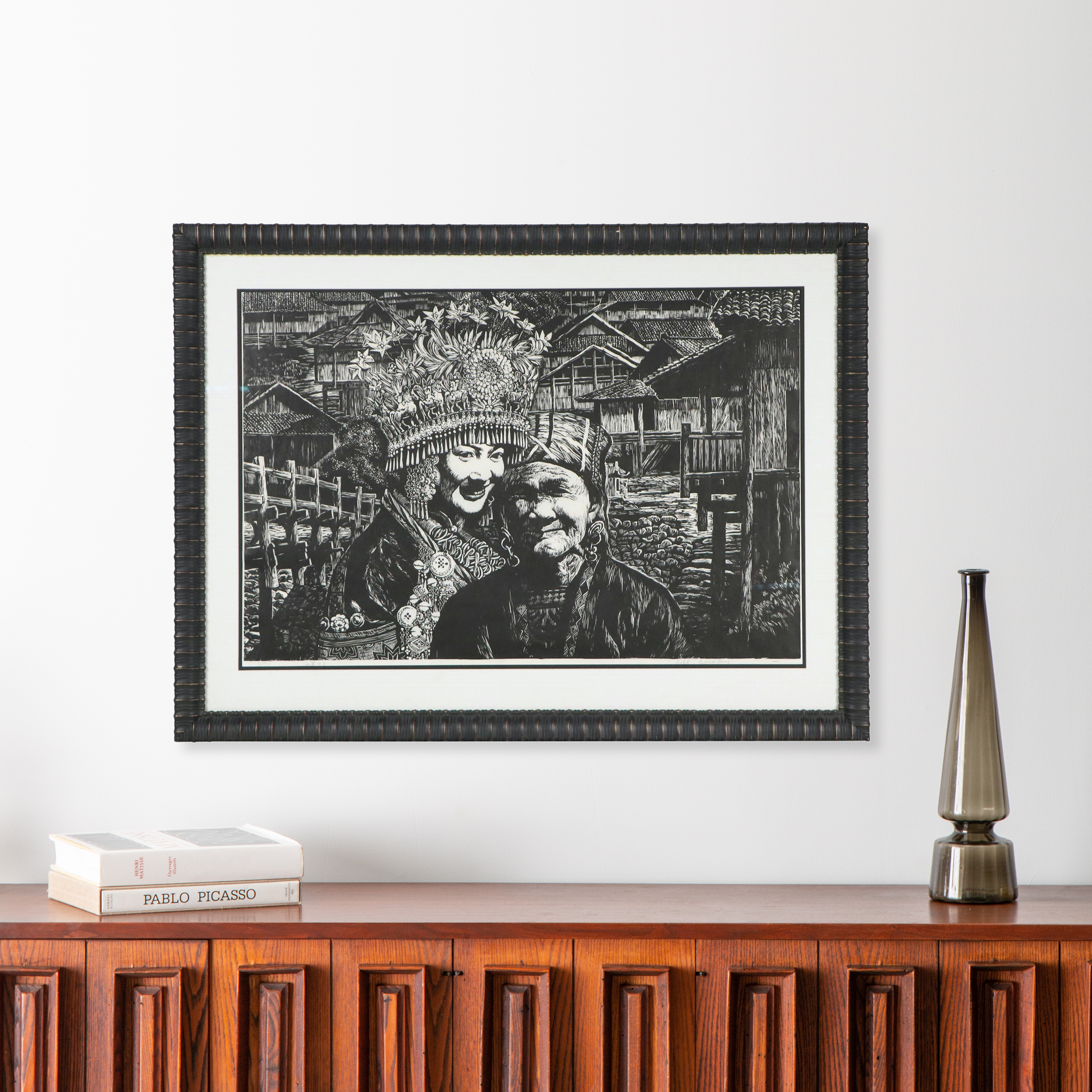 Southeast Asian Woodblock of Women in Ceremonial Dress, Late 20th Century