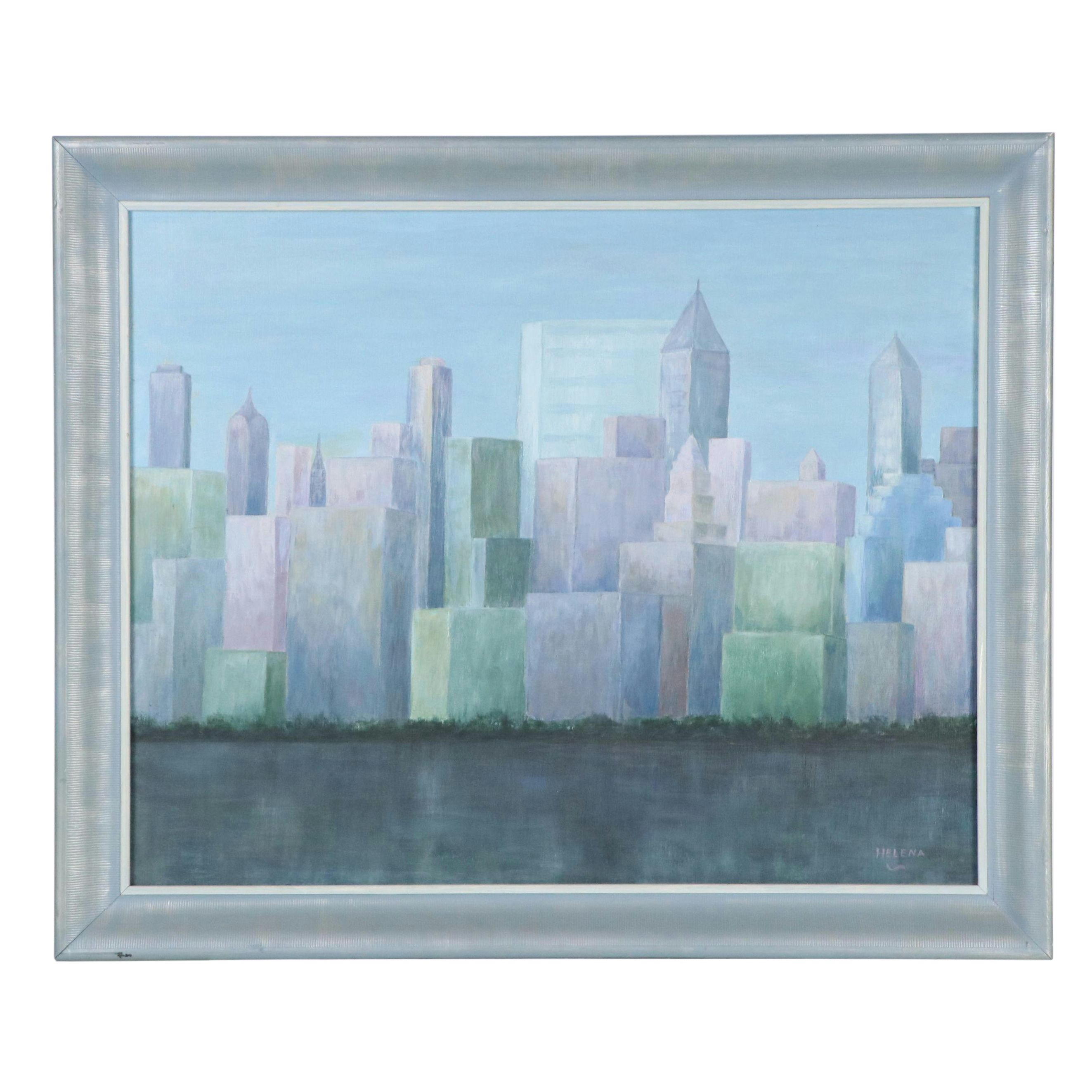 Modernist City Skyline Oil Painting, Late 20th Century