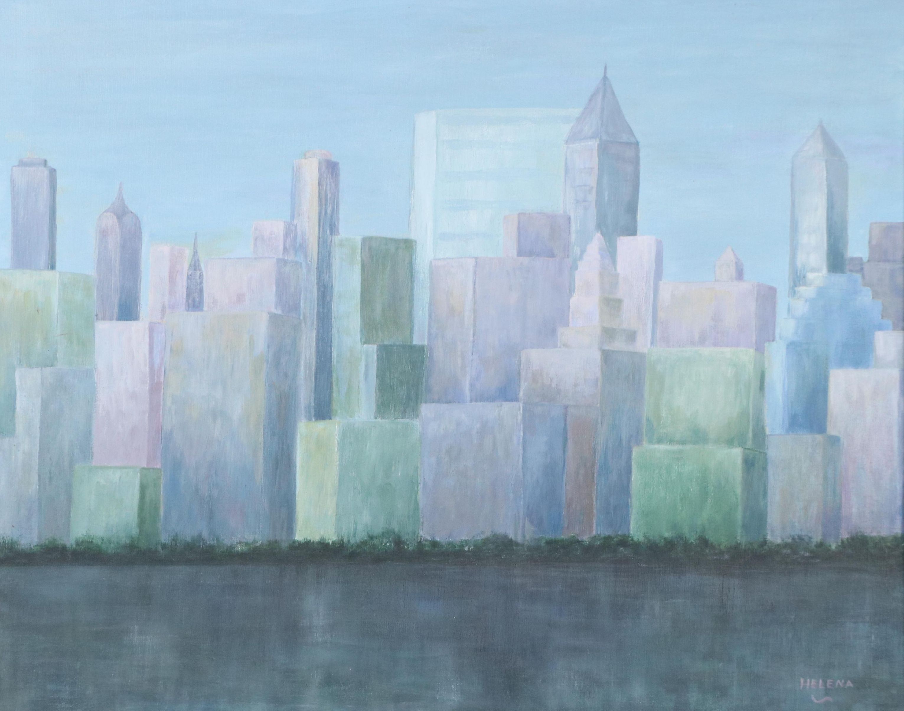 Modernist City Skyline Oil Painting, Late 20th Century