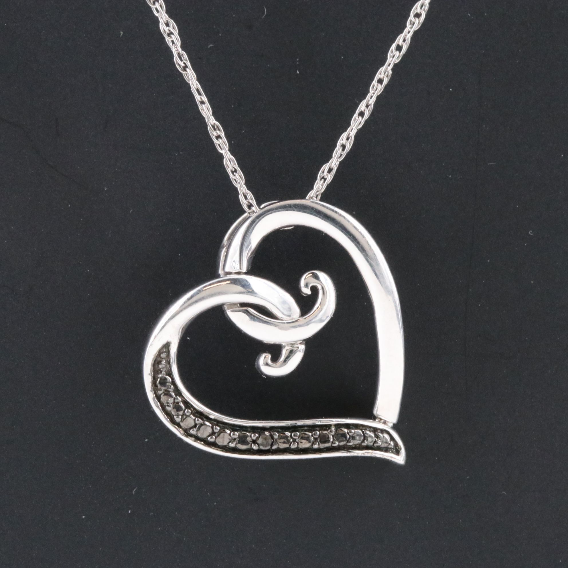 Sterling Heart Necklace with Fancy Black Diamond Accent