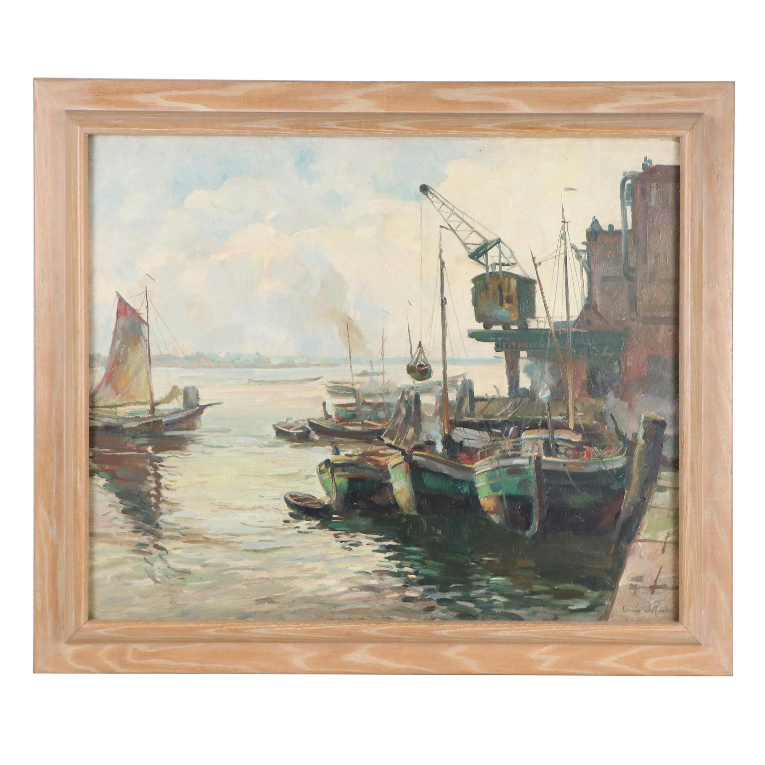 Louis Wohner Oil Painting of Harbor Scene, Early 20th Century