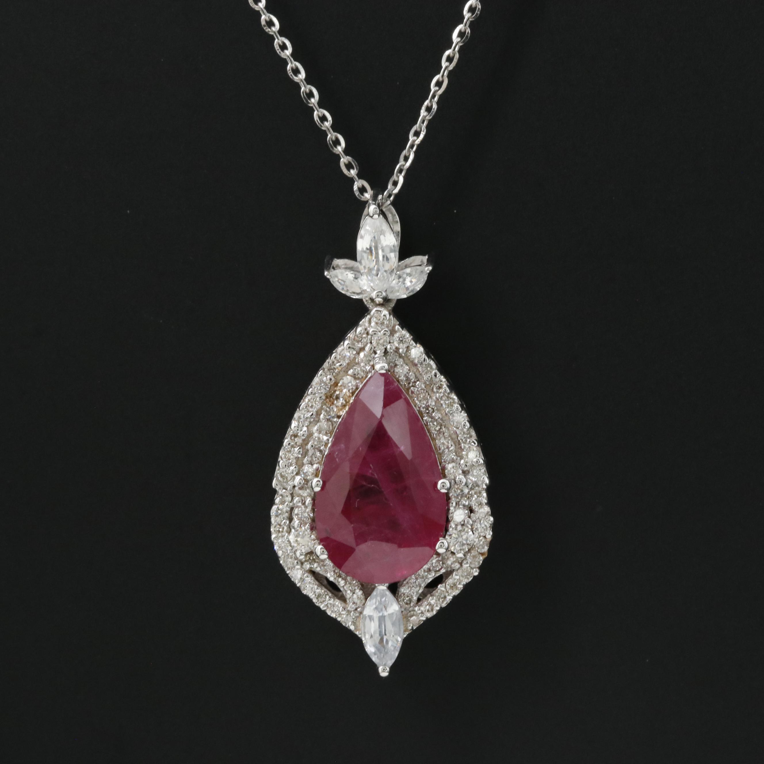 14K 3.90 CT Ruby, White Sapphire and Diamond Pendant Necklace with IGI Report