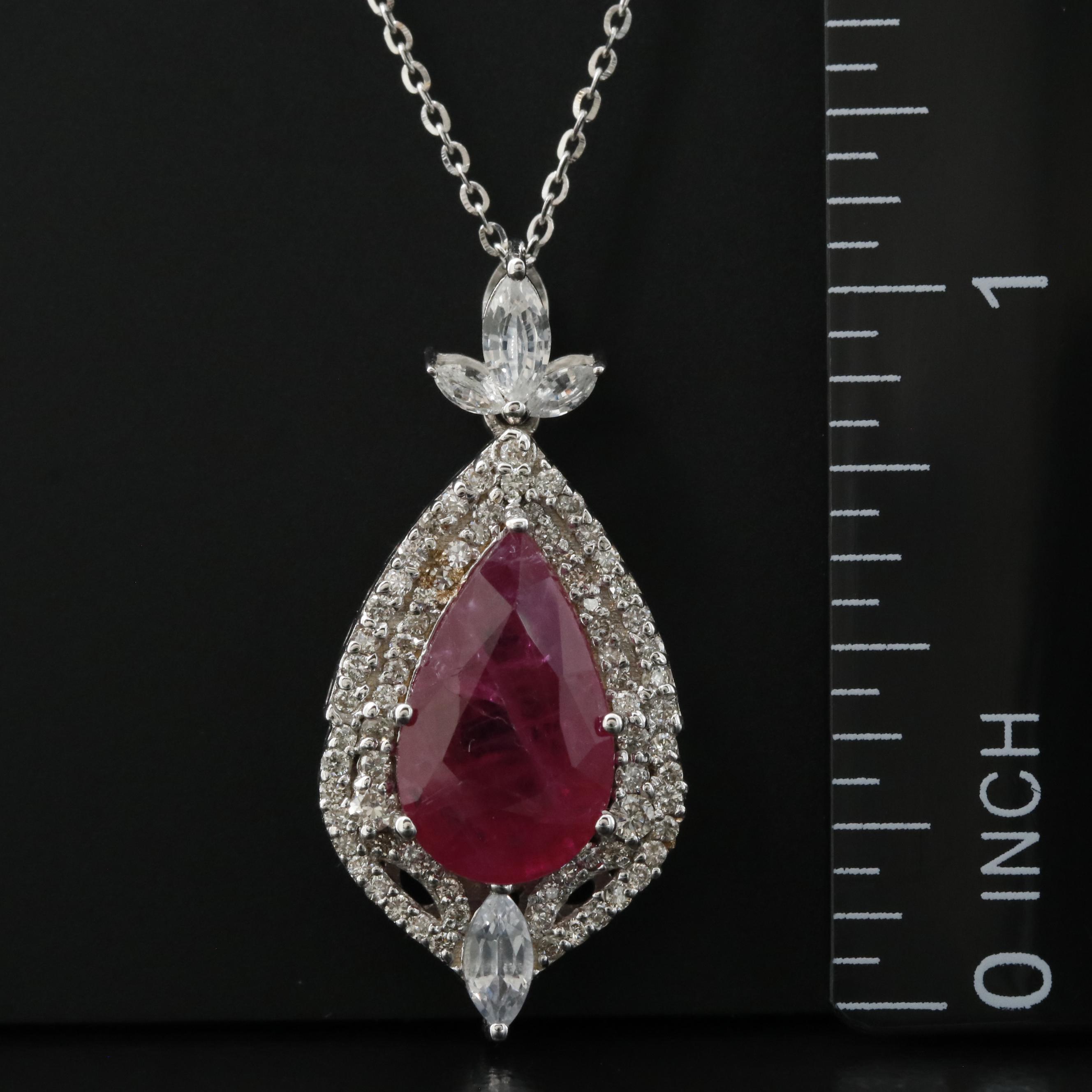 14K 3.90 CT Ruby, White Sapphire and Diamond Pendant Necklace with IGI Report