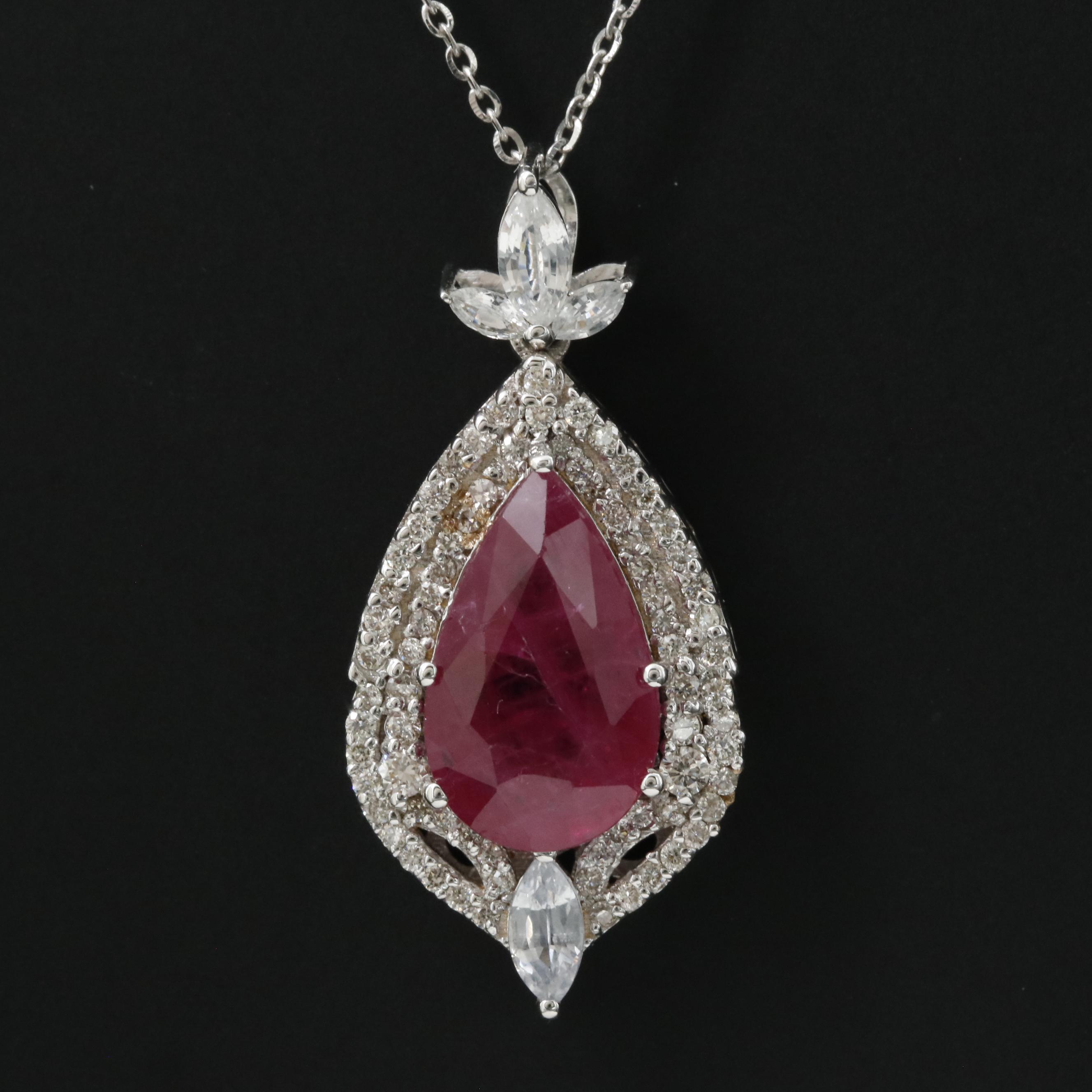 14K 3.90 CT Ruby, White Sapphire and Diamond Pendant Necklace with IGI Report