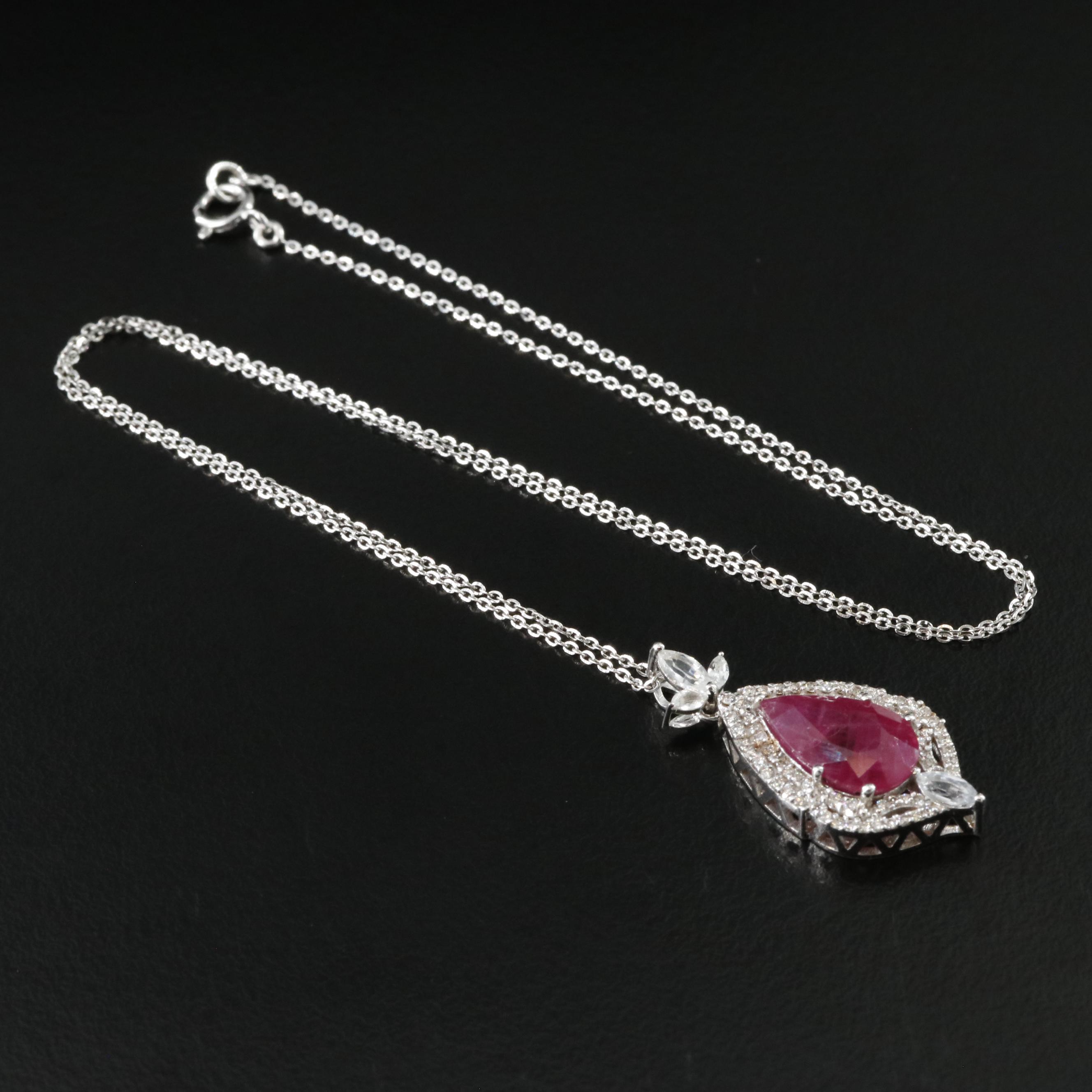 14K 3.90 CT Ruby, White Sapphire and Diamond Pendant Necklace with IGI Report