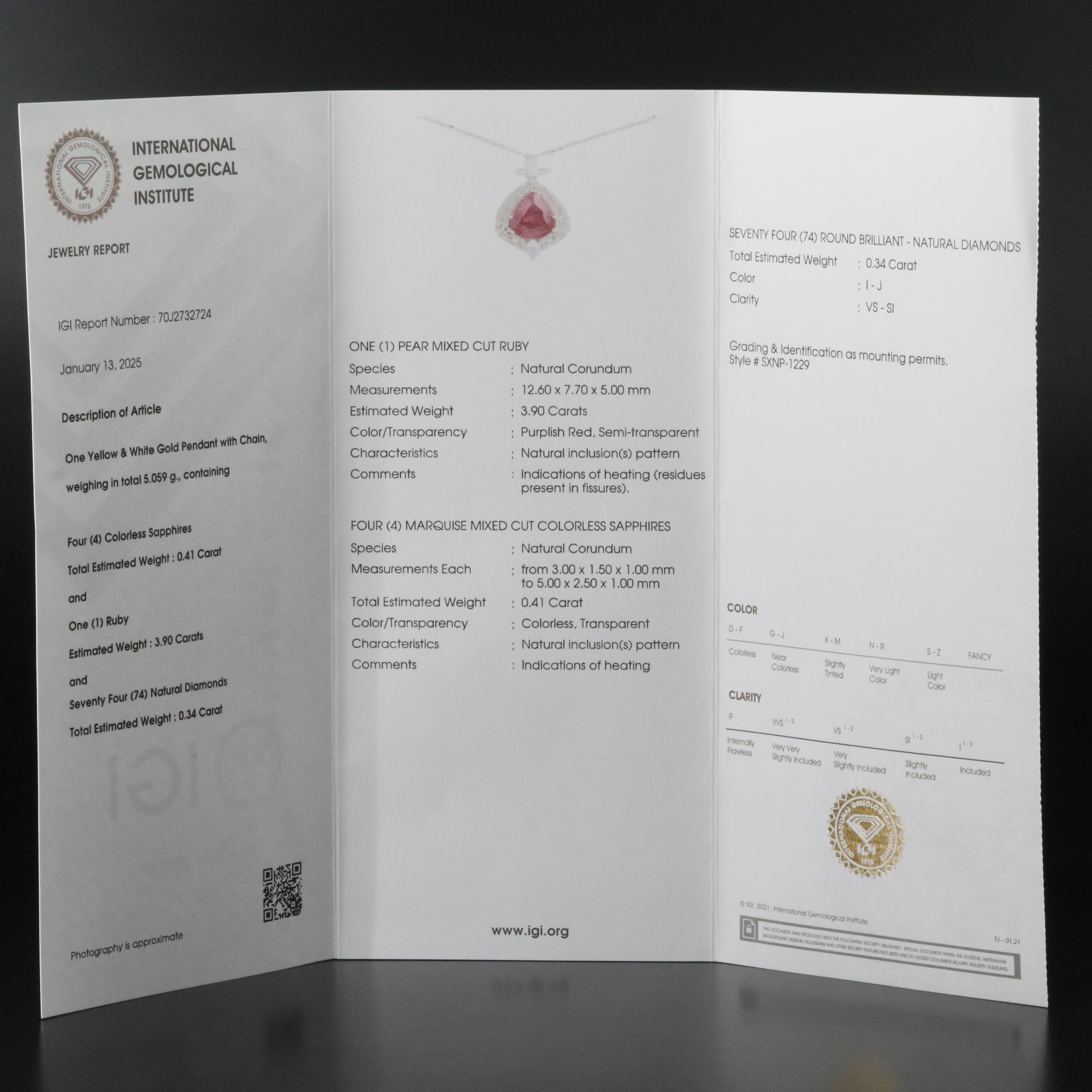 14K 3.90 CT Ruby, White Sapphire and Diamond Pendant Necklace with IGI Report