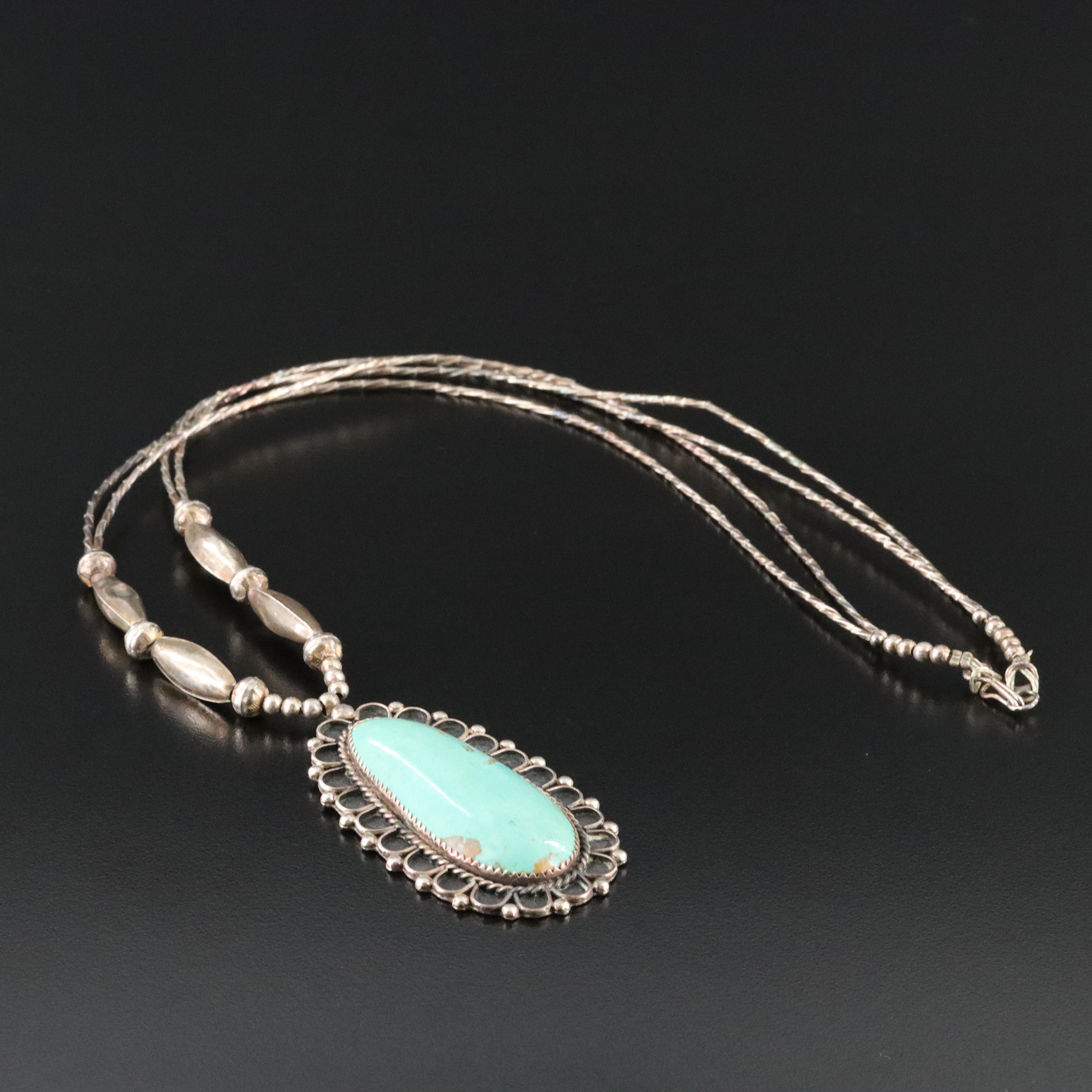 Western Signed Sterling Turquoise Pendant Necklace