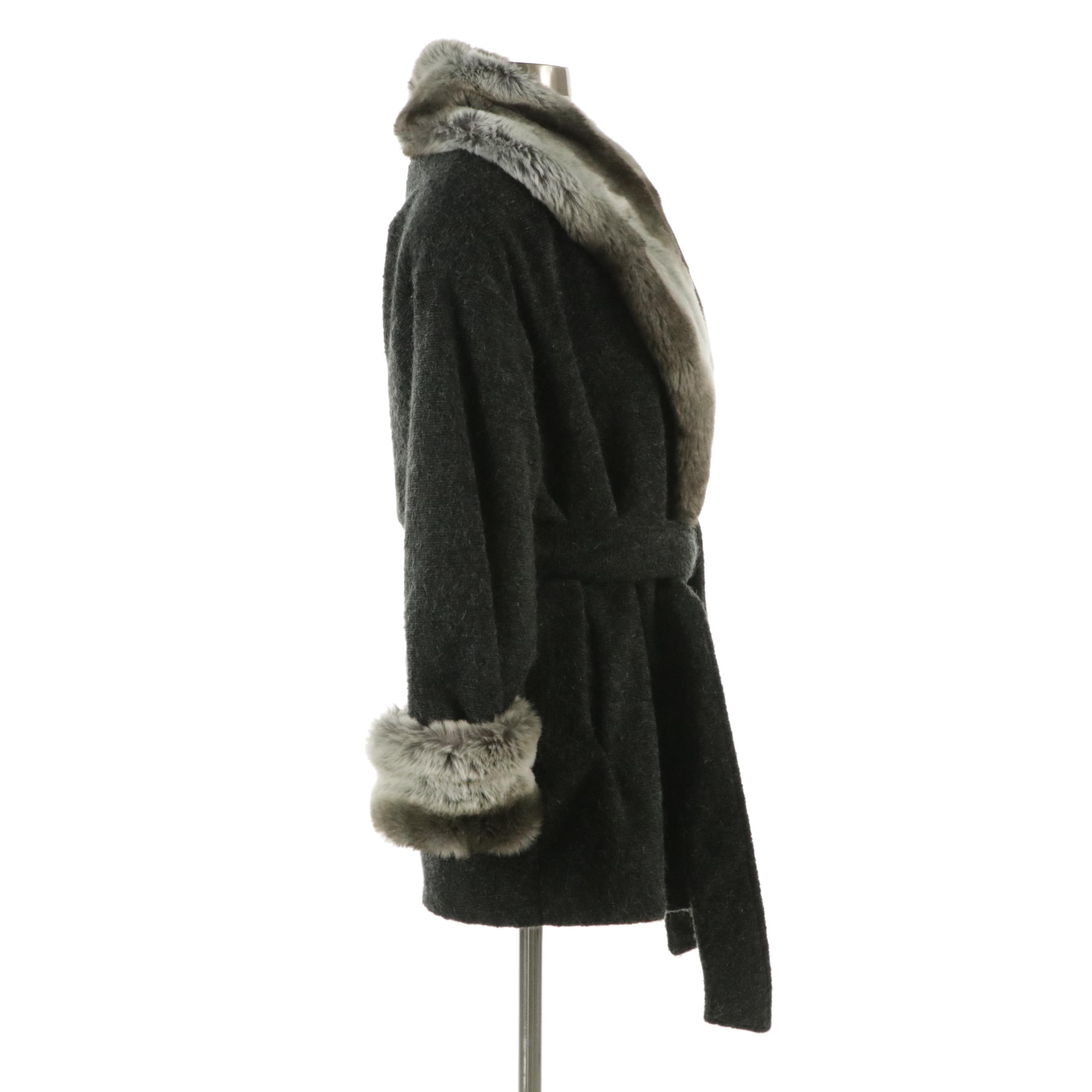 Oleg Cassini Acrylic/Mohair Knit Belted Jacket with Faux Fur Trim