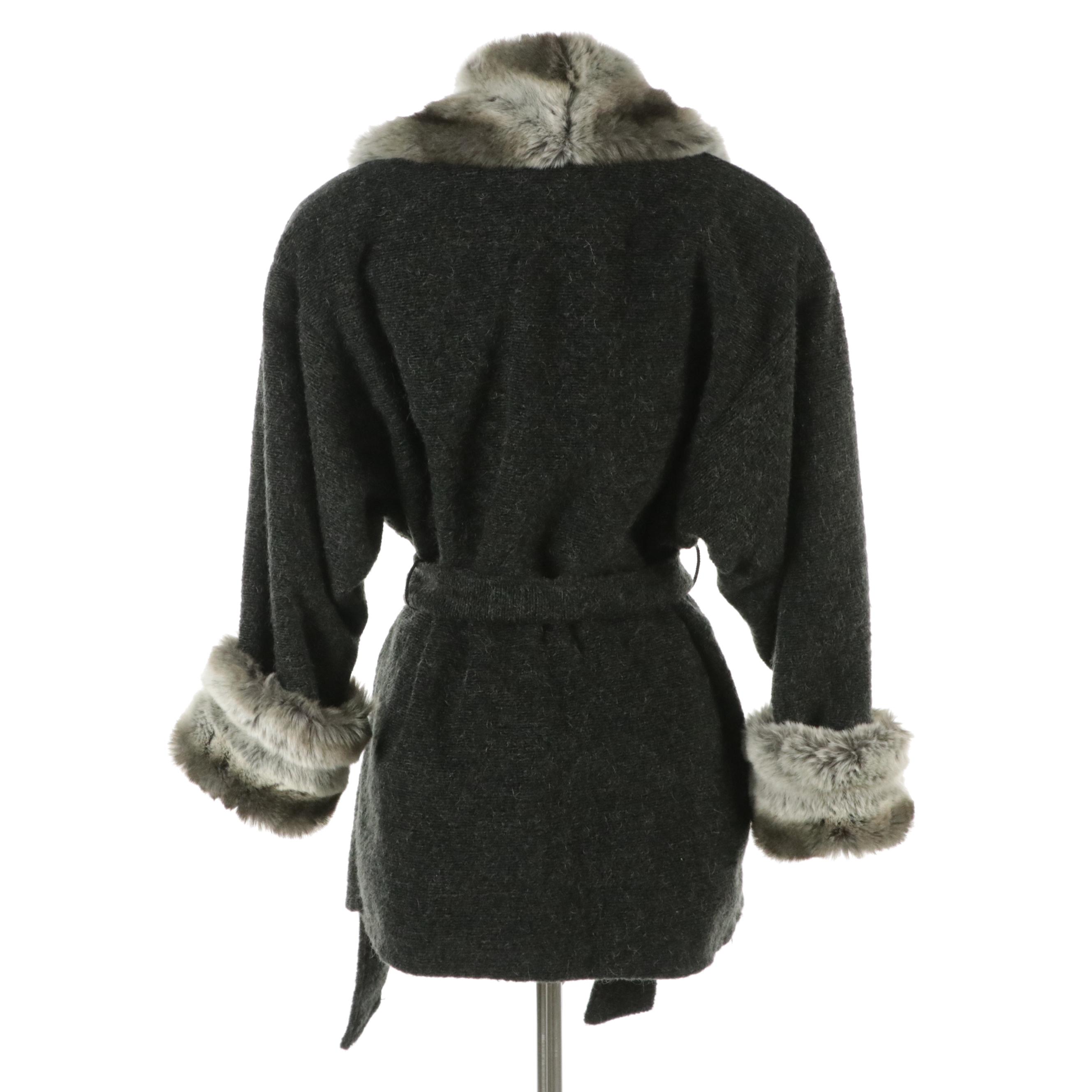 Oleg Cassini Acrylic/Mohair Knit Belted Jacket with Faux Fur Trim