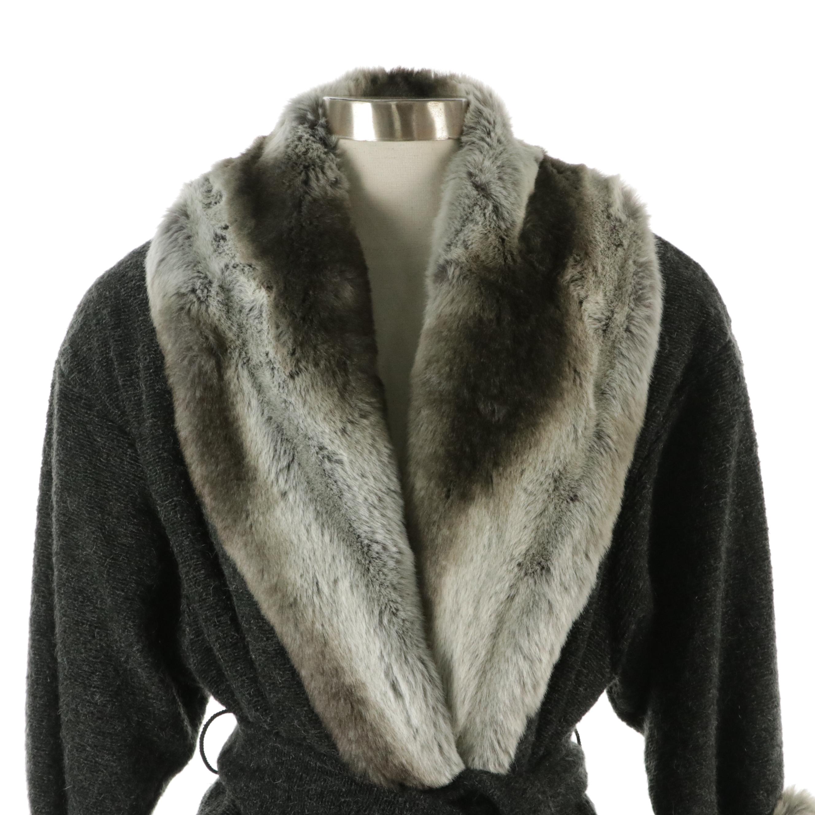 Oleg Cassini Acrylic/Mohair Knit Belted Jacket with Faux Fur Trim