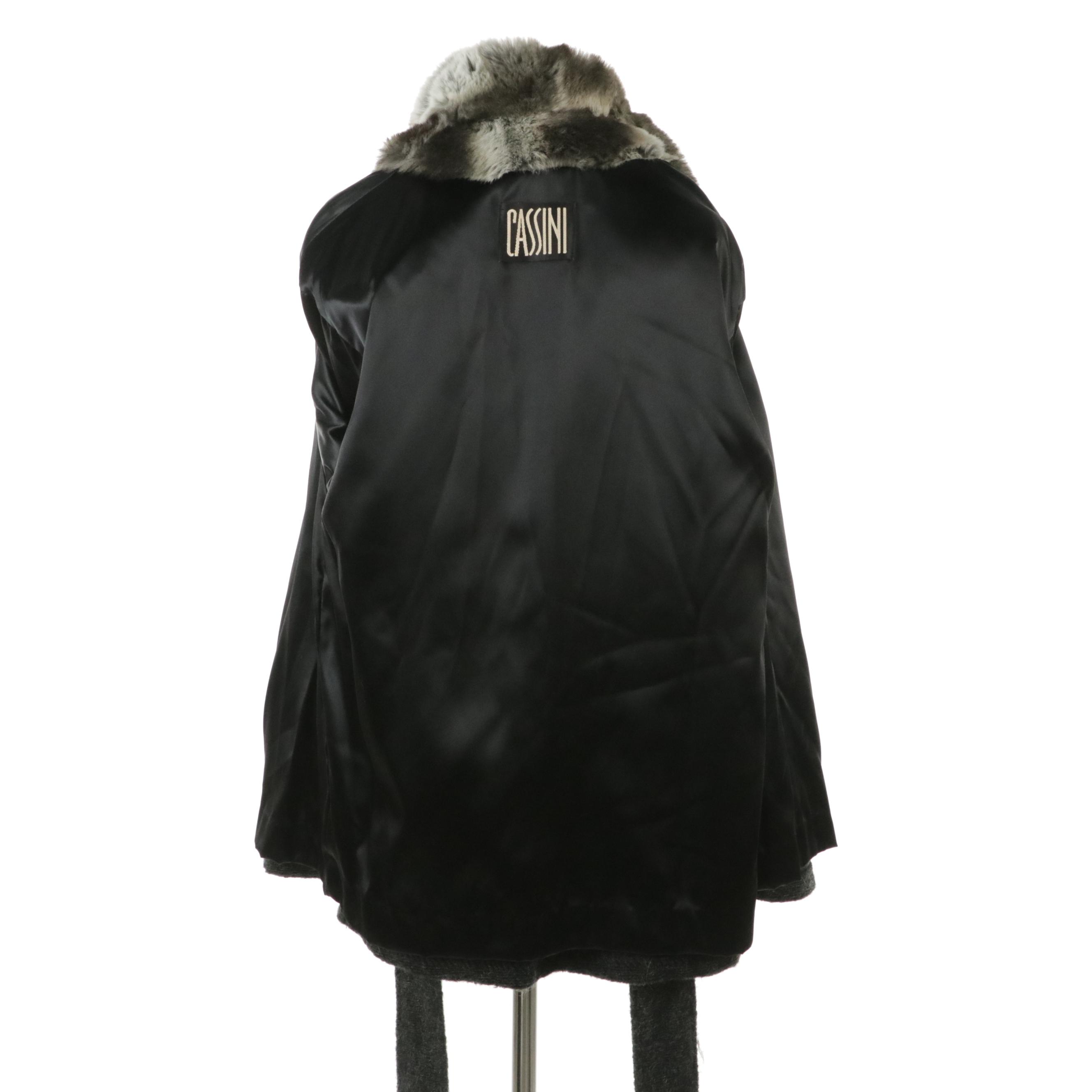 Oleg Cassini Acrylic/Mohair Knit Belted Jacket with Faux Fur Trim