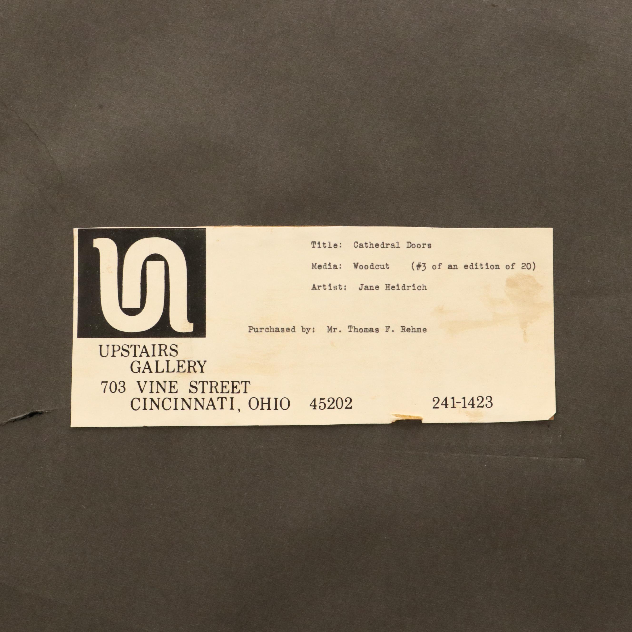 Jane Heidrich Woodcut "Cathedral Door," 1969