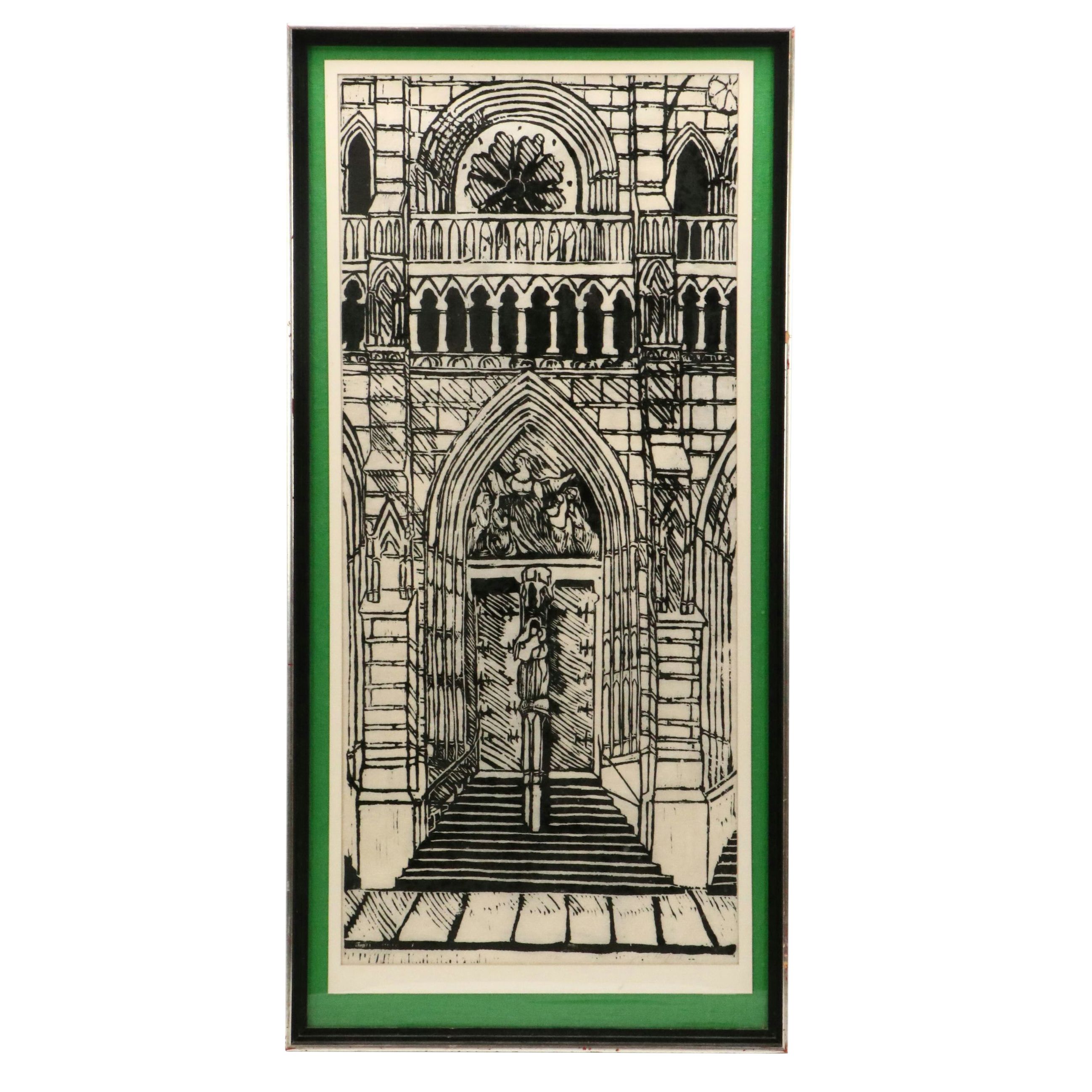 Jane Heidrich Woodcut "Cathedral Door," 1969