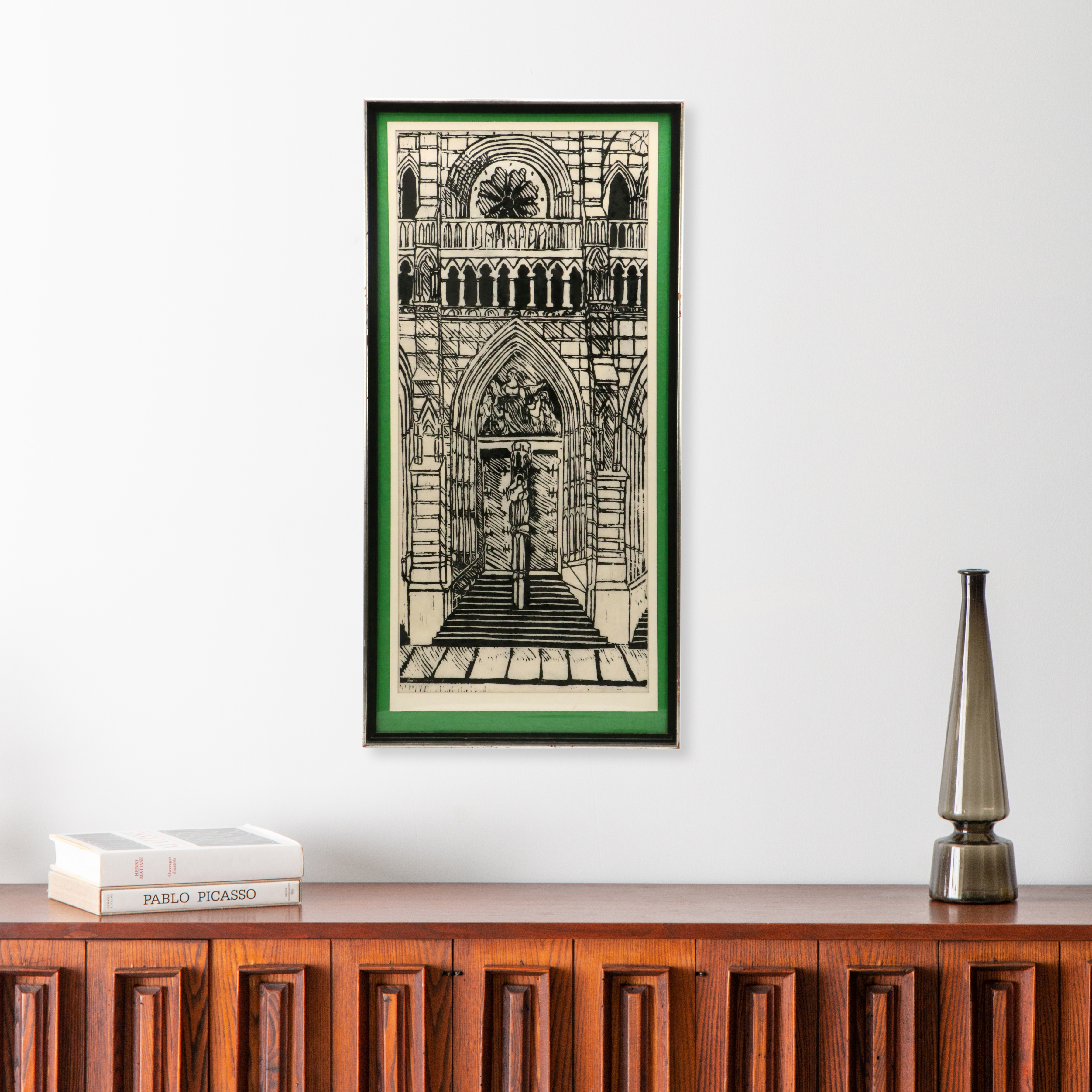 Jane Heidrich Woodcut "Cathedral Door," 1969