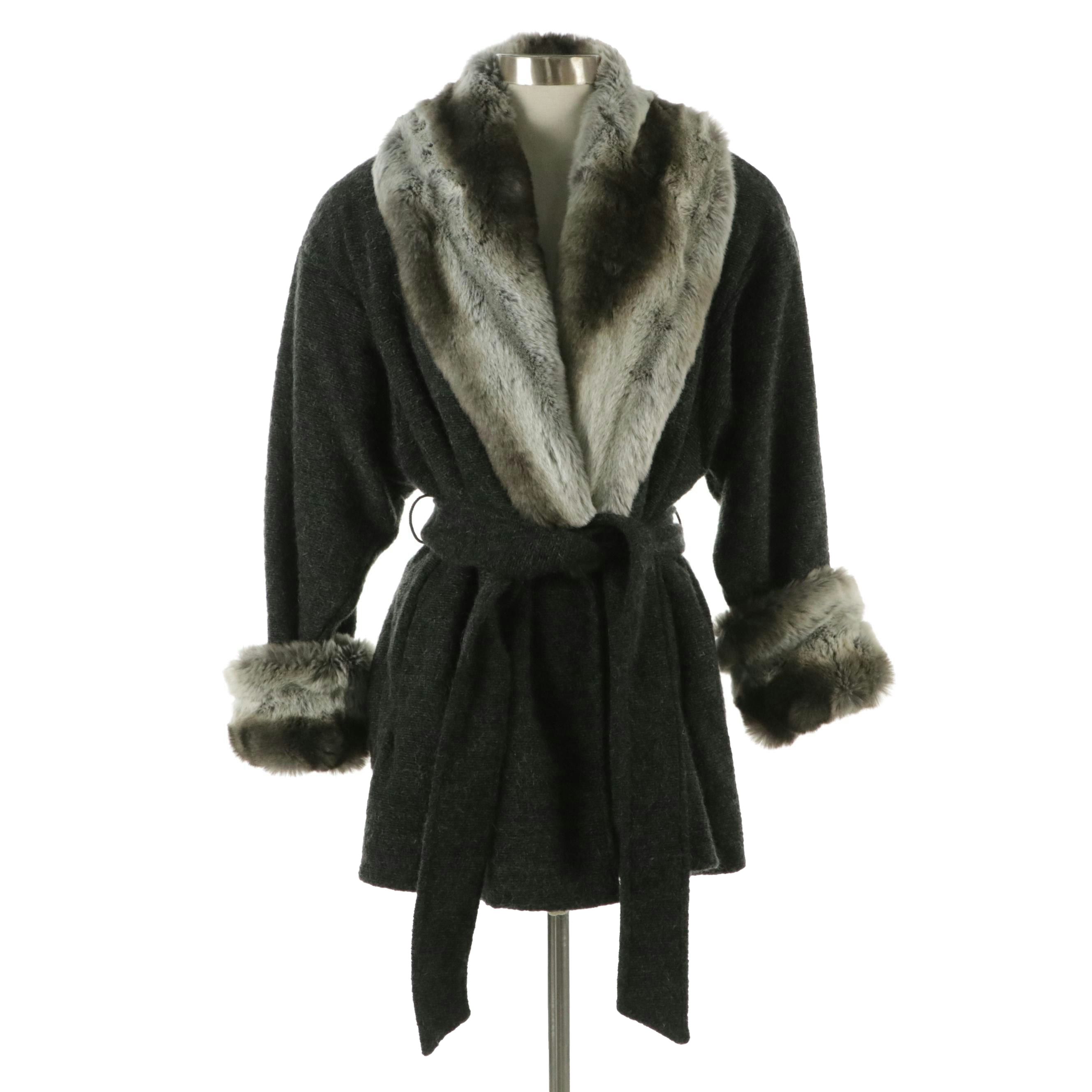 Oleg Cassini Acrylic/Mohair Knit Belted Jacket with Faux Fur Trim