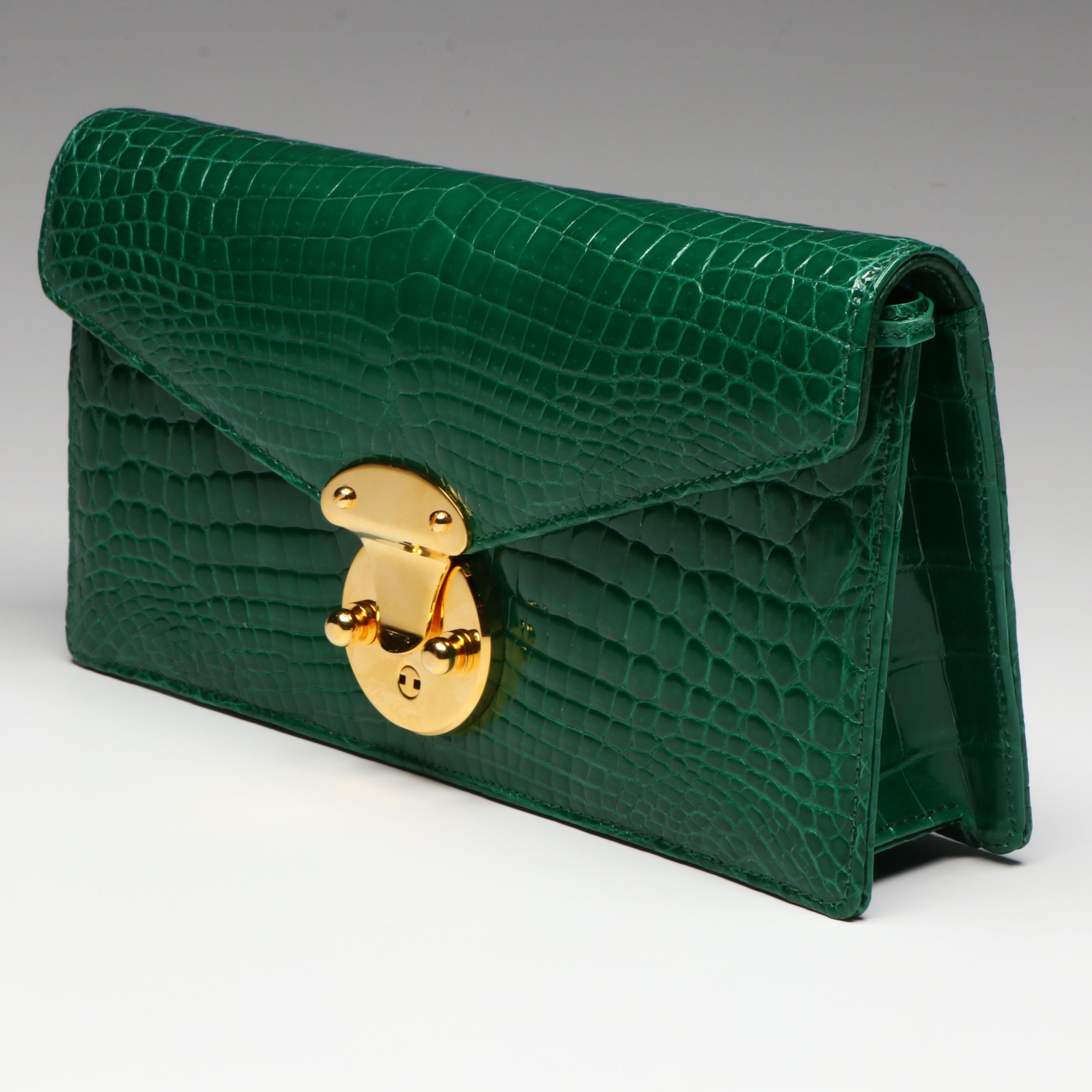 Eileen Kramer Green Glossy Alligator Skin Convertible Clutch