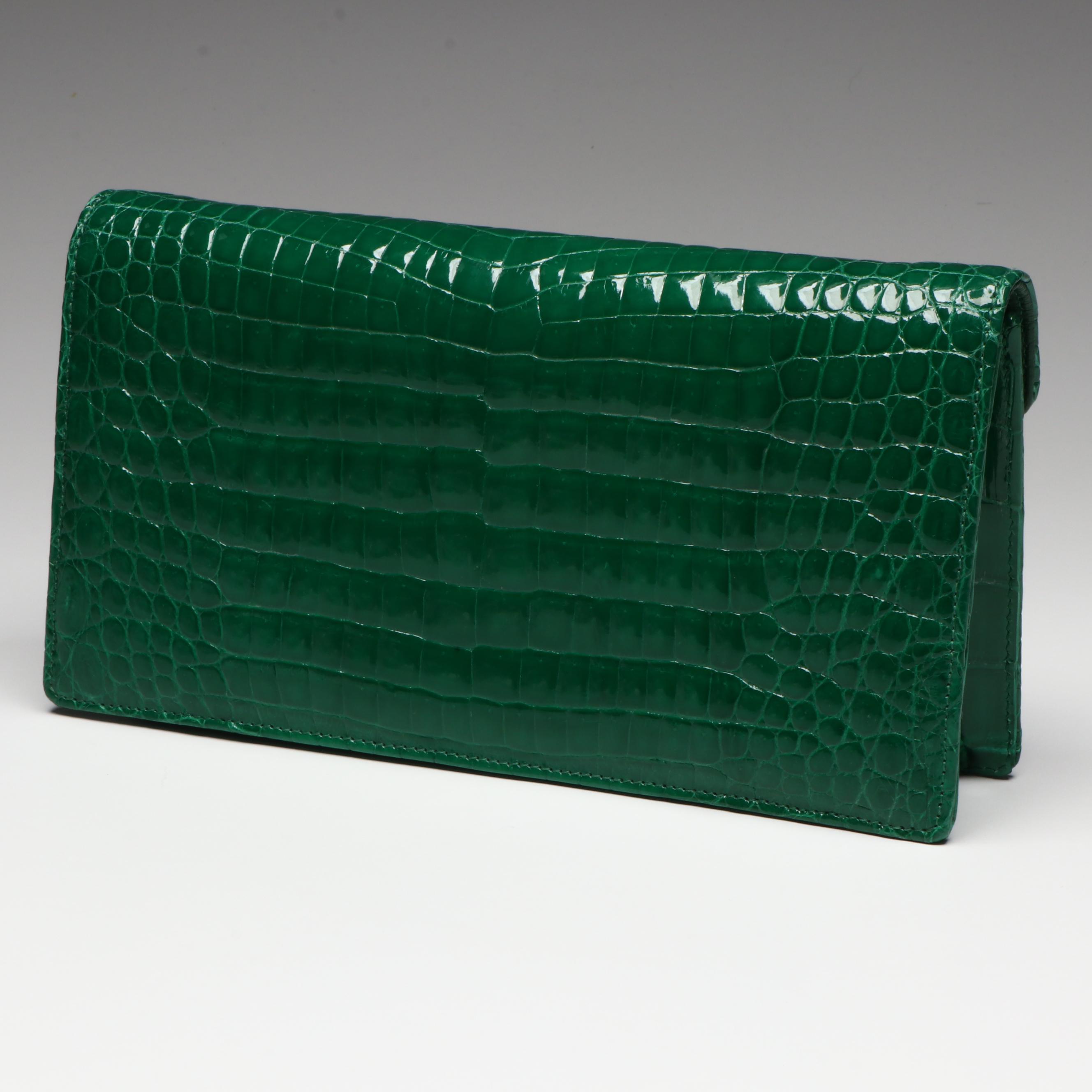 Eileen Kramer Green Glossy Alligator Skin Convertible Clutch