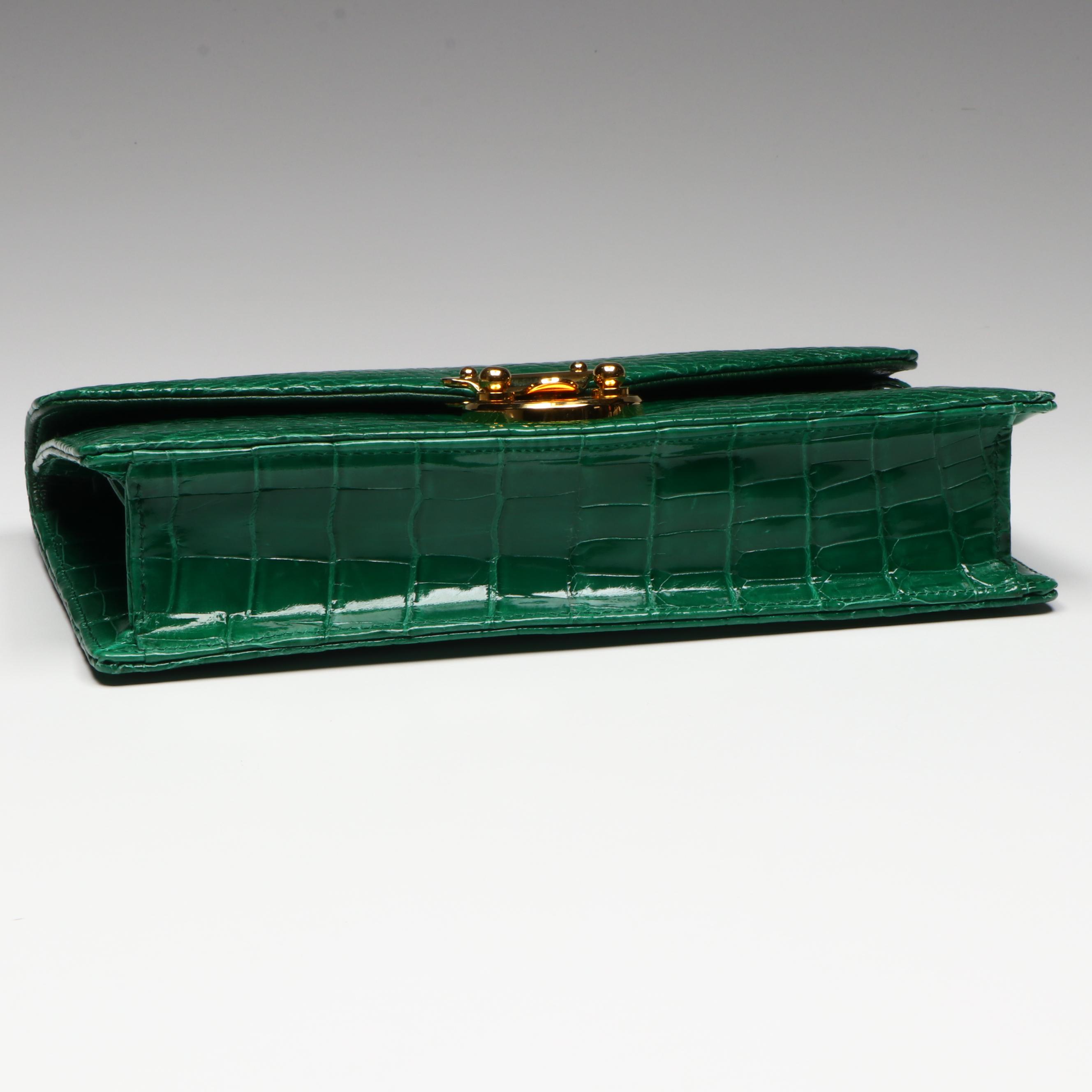 Eileen Kramer Green Glossy Alligator Skin Convertible Clutch